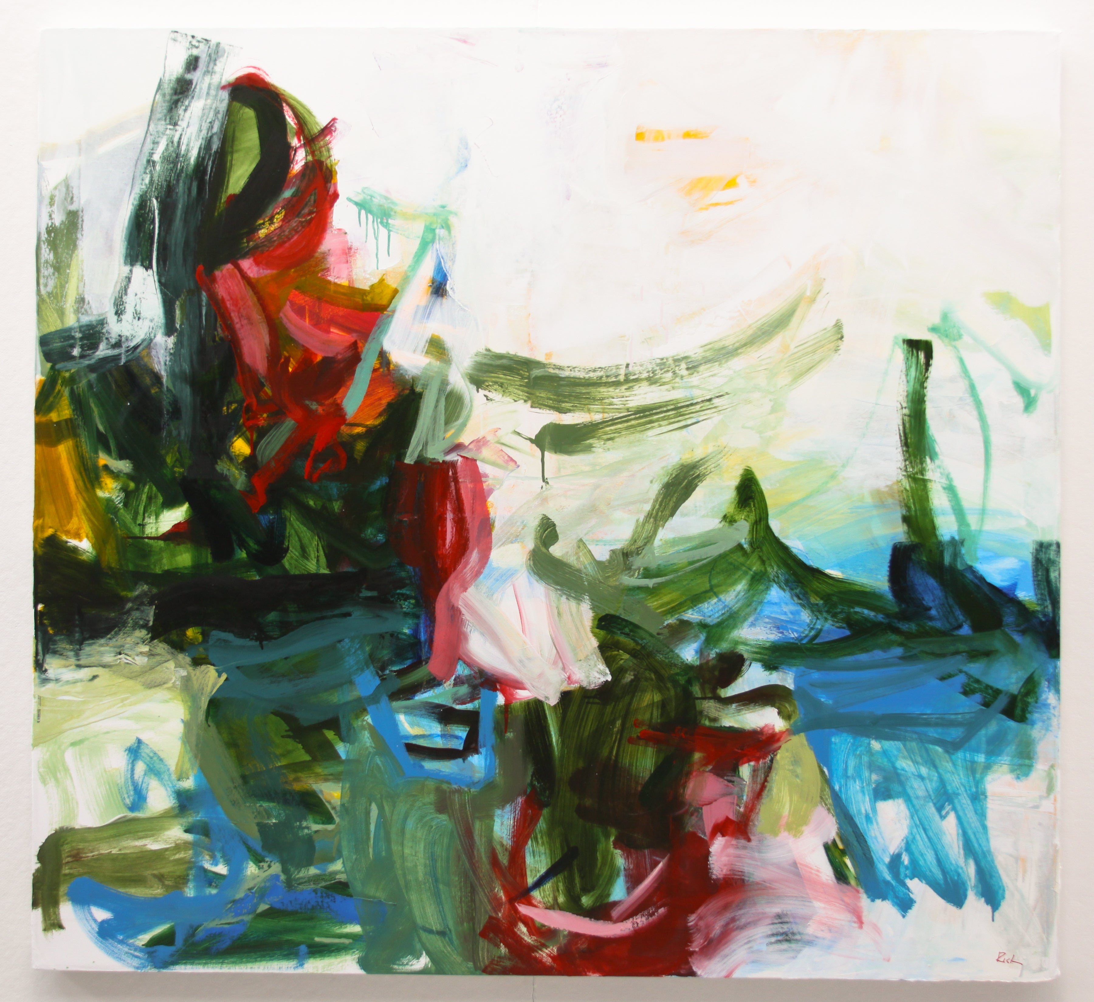 An abstract expressionist painting featuring dynamic, expressive brushstrokes in green, blue, red, black, and white, with a white background.