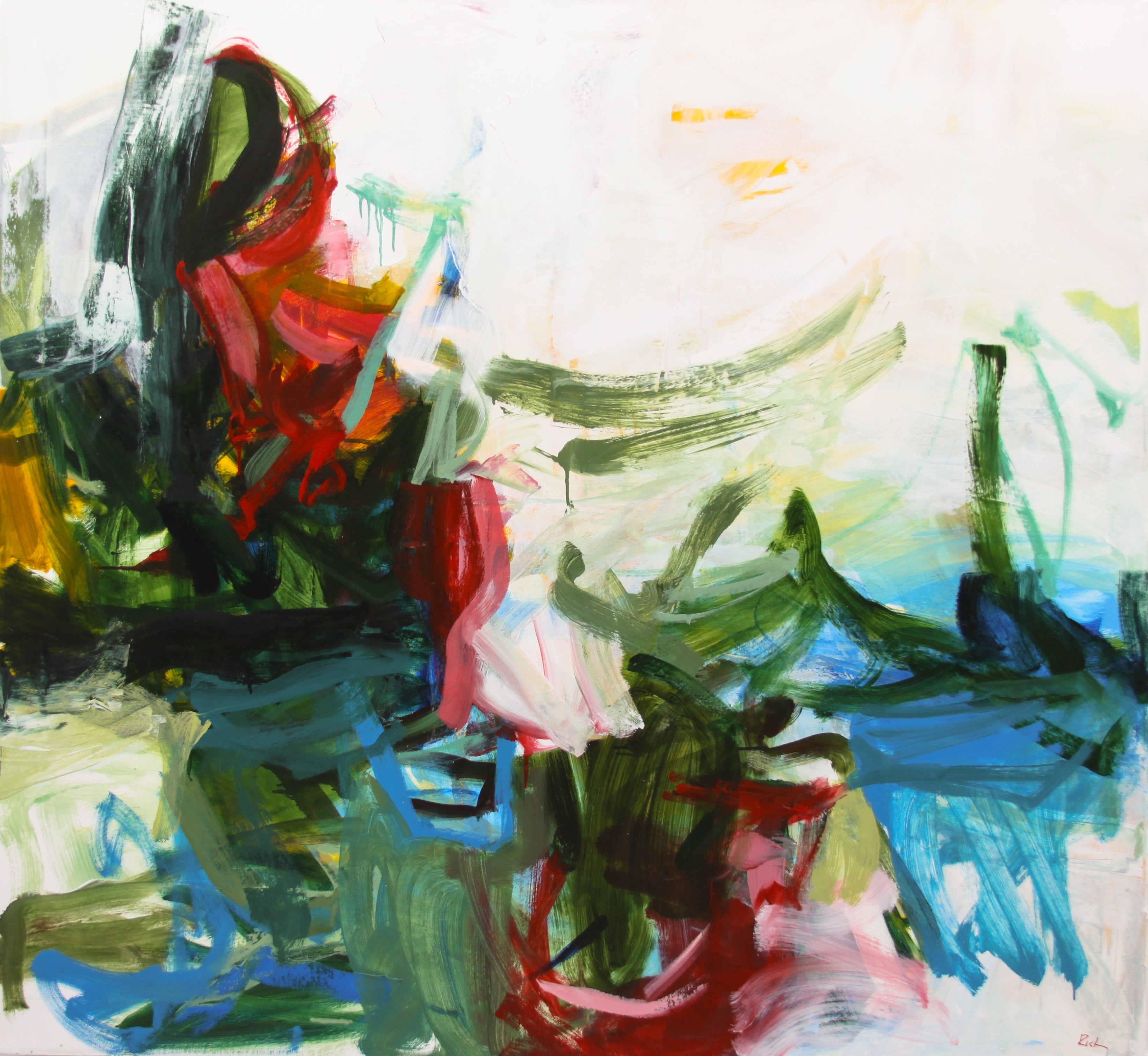 An abstract painting with expressive brushstrokes in white, green, blue, red, black, and touches of yellow, filling the entire frame.