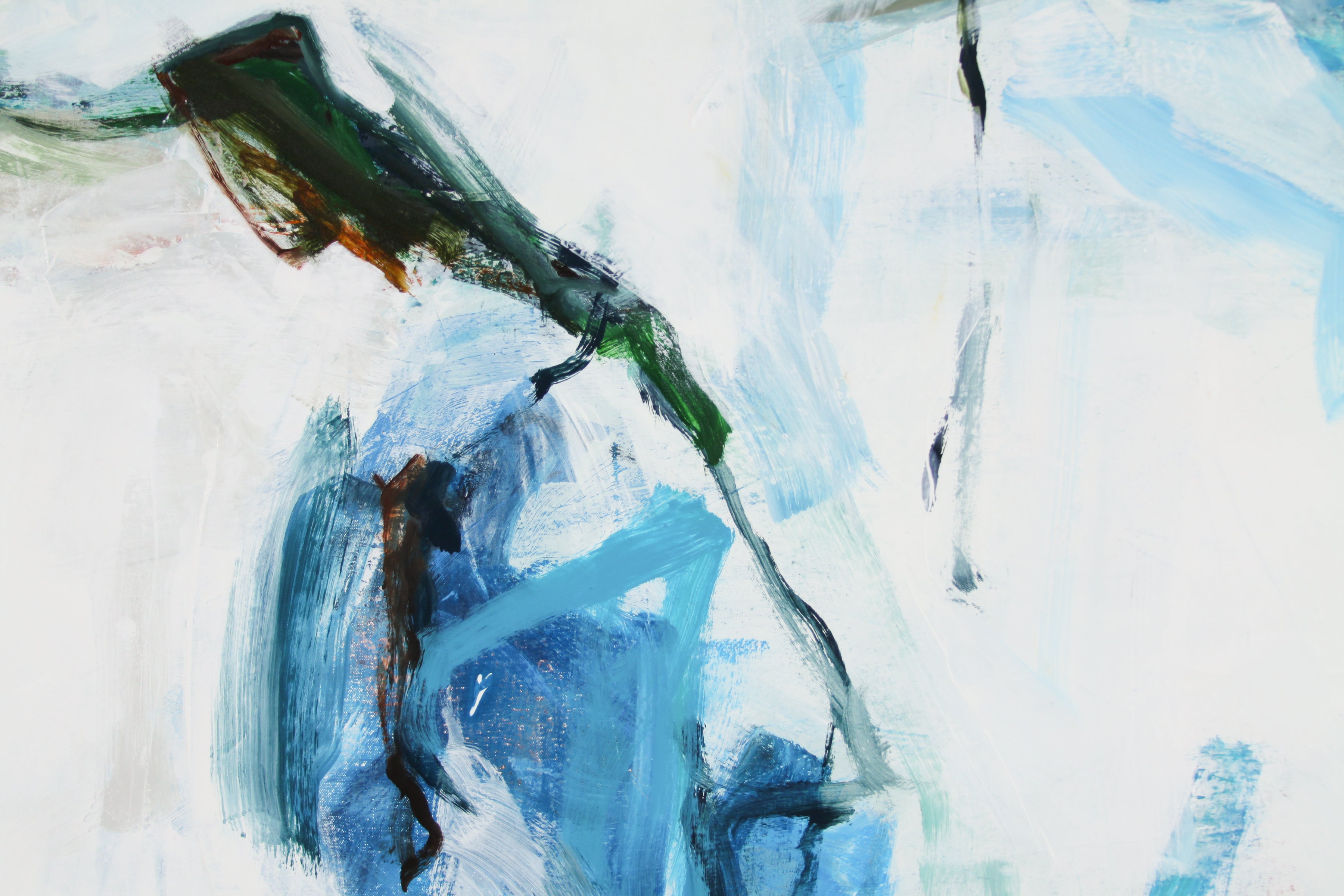 Abstract expressionist painting featuring expressive brushstrokes in shades of blue, white, green, and dark brown.