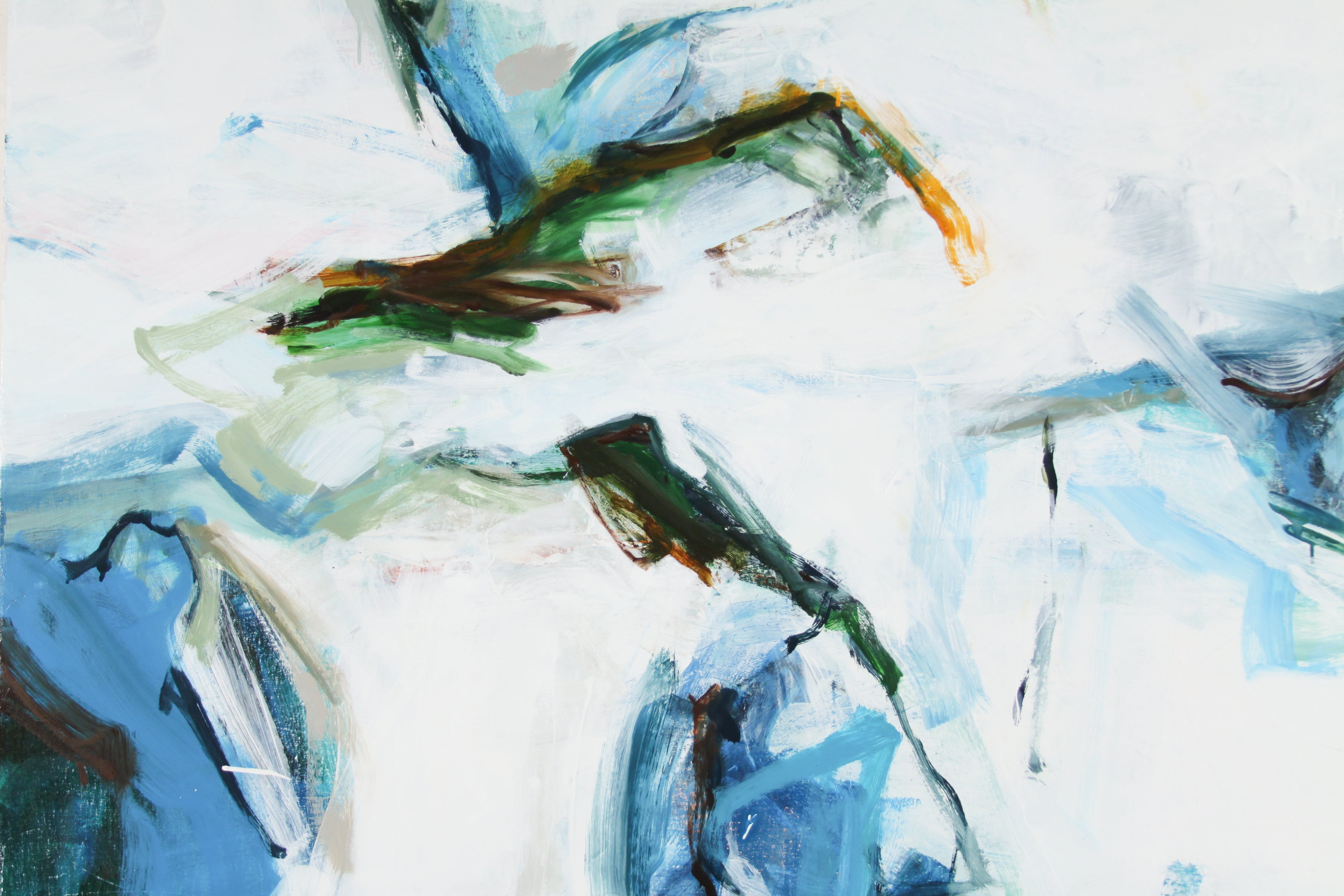 Abstract expressionist painting with dynamic brushstrokes in shades of blue, green, brown, and orange on a predominantly white background.