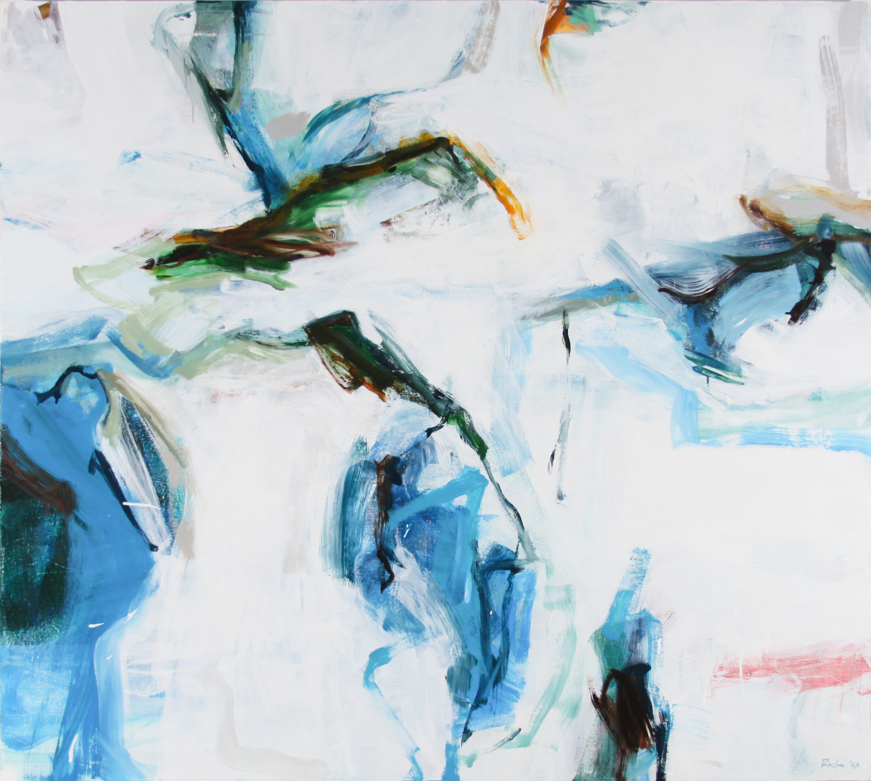 Abstract expressionist painting featuring dynamic, gestural brushstrokes in shades of blue, green, brown, and orange on a textured white background.