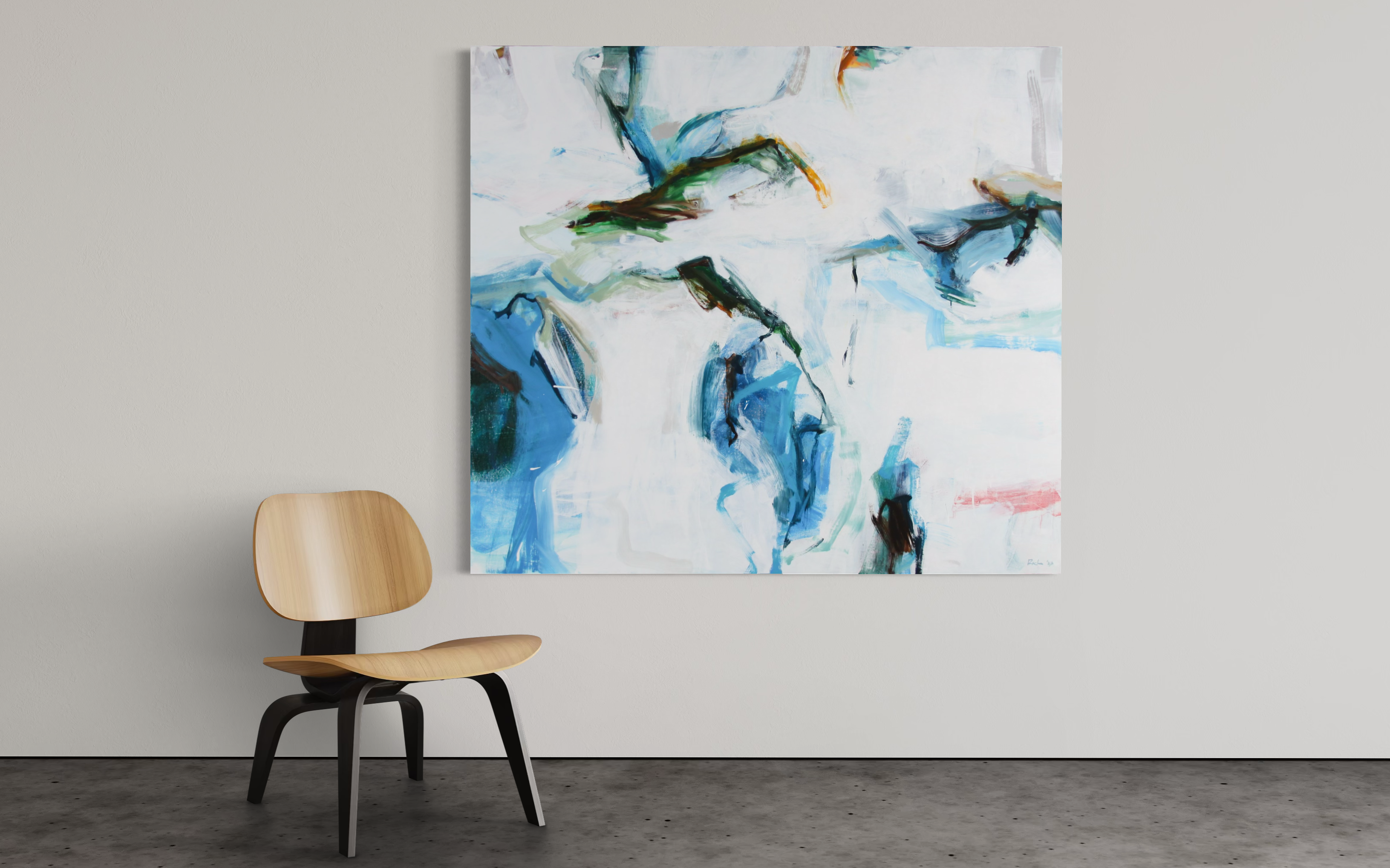 An abstract canvas painting with blue, green, black, and white brushstrokes hanging on a light gray wall above a modern wooden chair with black legs.