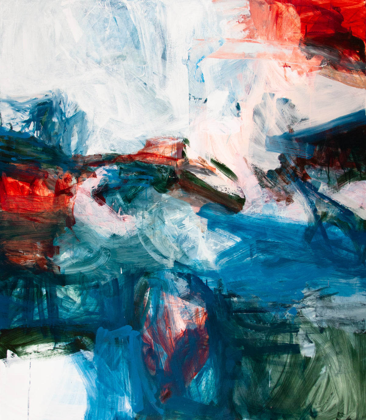 A Sea of My Own — original abstract expressionist oil on canvas, powerful impasto marks in churning blues, teals, deep greens, reds, and whites evoking the raw energy of open ocean — Michael Rich Studios
