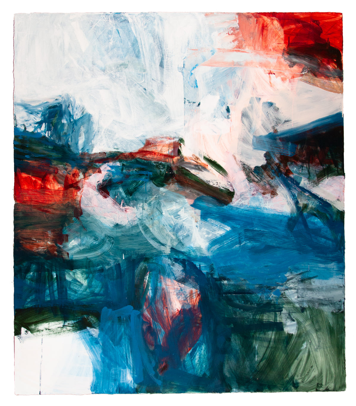 An abstract expressionist painting by Michael Rich featuring dynamic, textured brushstrokes in vibrant blue, white, red, and dark green, with a white paper border visible around the canvas.