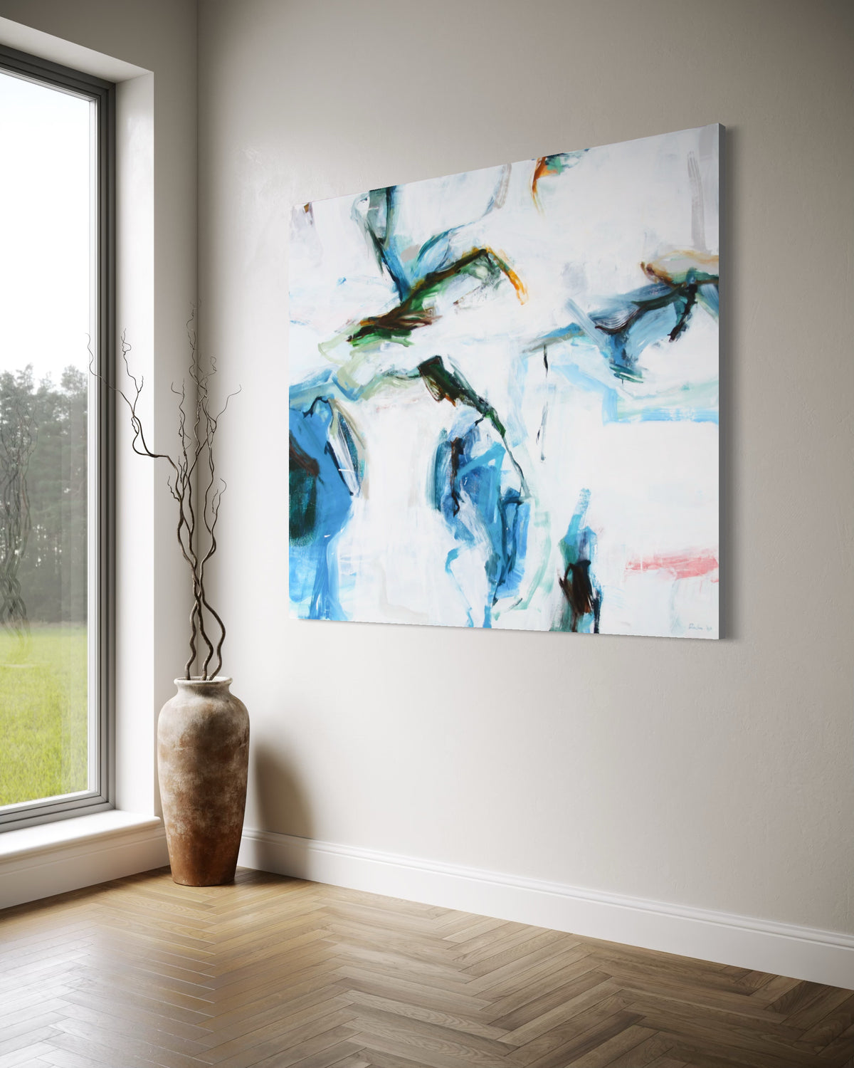 A Reach, abstract oil painting by Michael Rich displayed in an interior.
