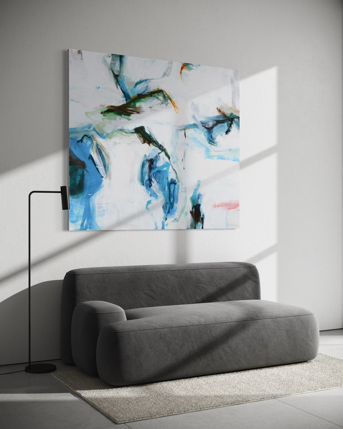 A Reach, abstract oil painting by Michael Rich displayed in an interior.