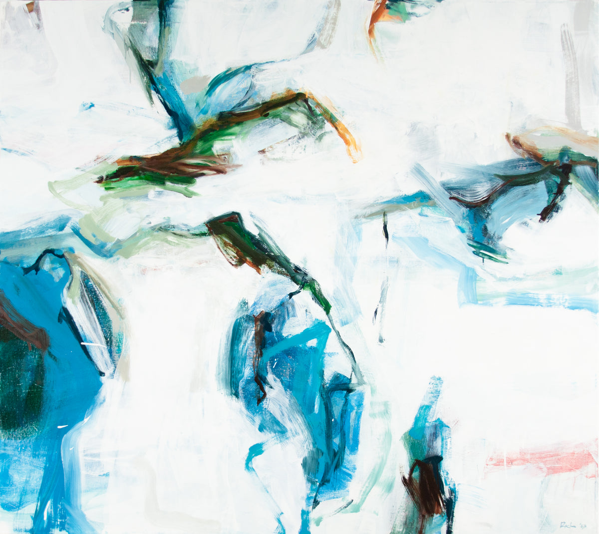 A Reach, abstract expressionist oil painting in blue, green, and white with dark gestural marks, by Michael Rich.