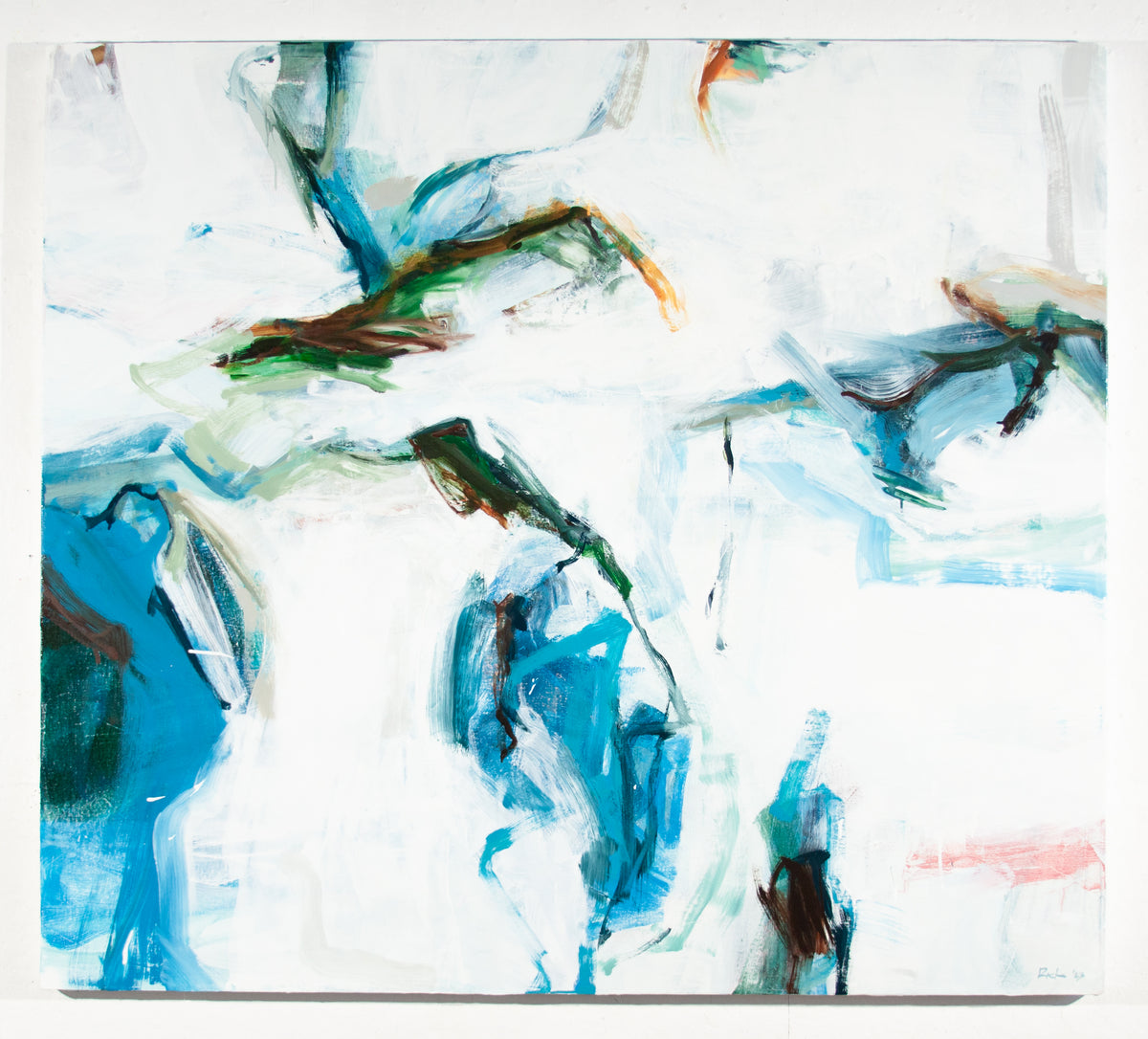 Full view of A Reach, an abstract expressionist oil painting in blue, green, and white with dark gestural marks.