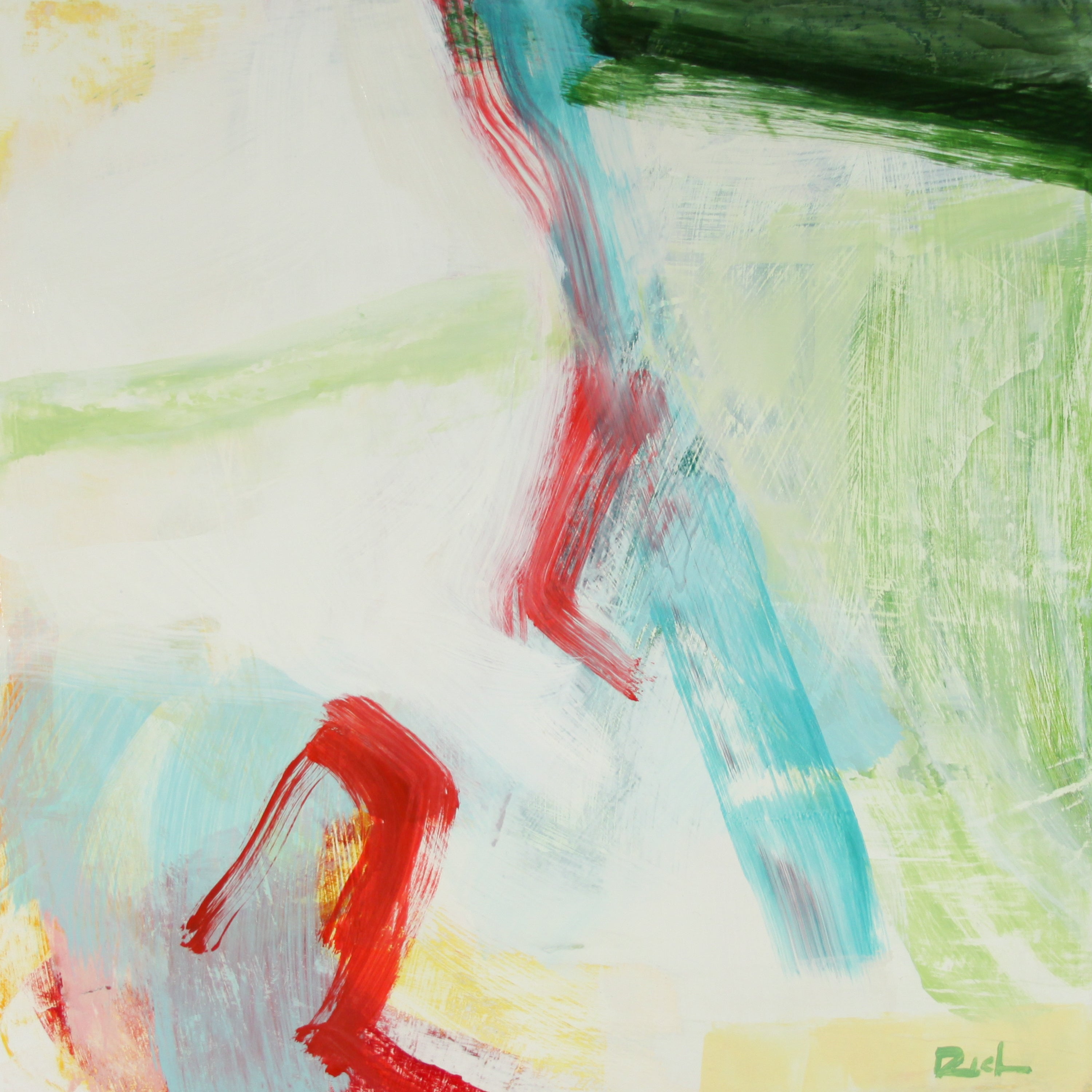 Abstract painting with expressive brushstrokes in red, light blue, and green over a predominantly off-white background.