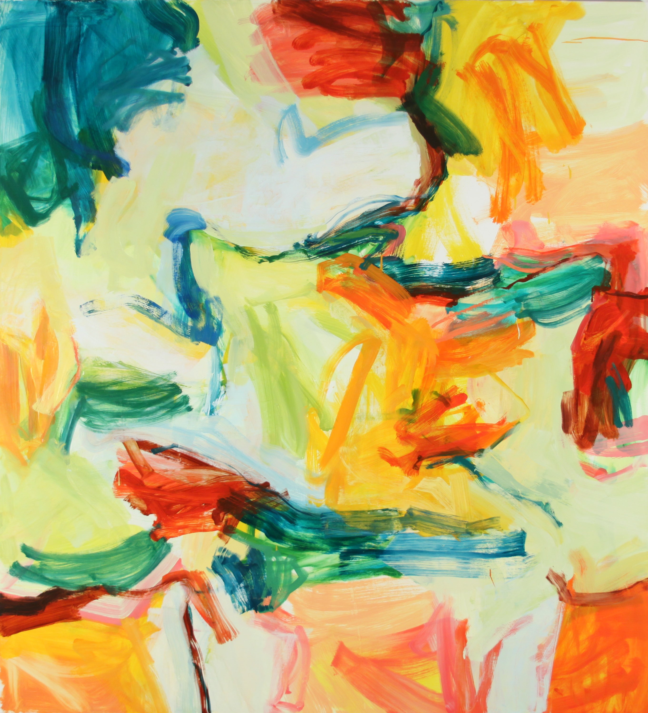 An abstract painting with expressive, textured brushstrokes in vibrant shades of orange, yellow, teal, green, red, and white.