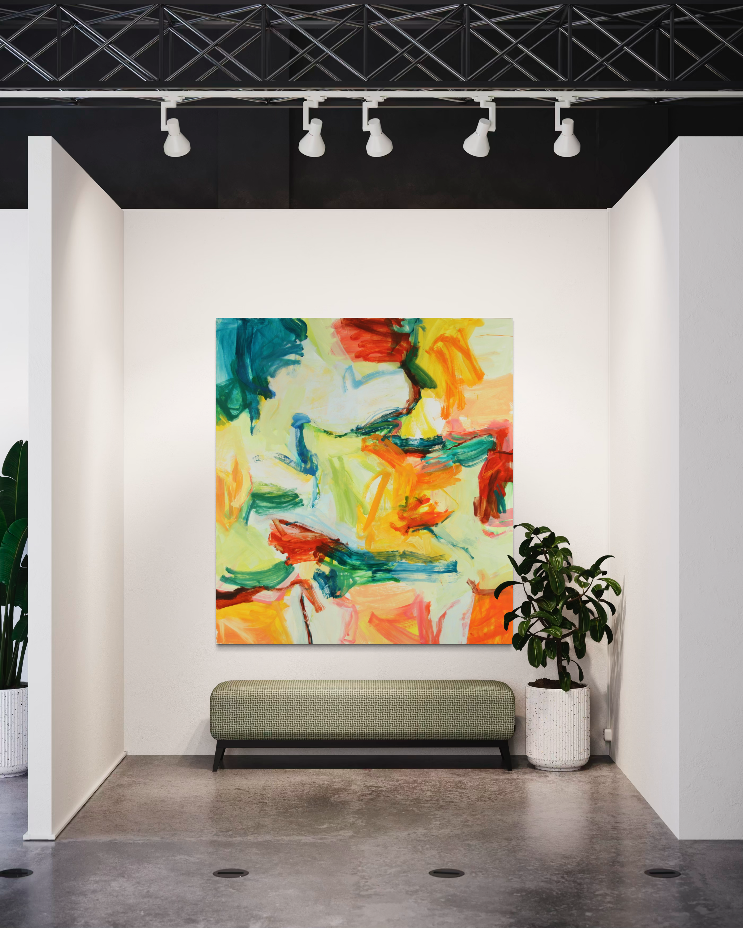 A colorful abstract canvas painting with bold brushstrokes in yellow, orange, red, green, and blue, displayed on a white gallery wall above a green bench with potted plants nearby.