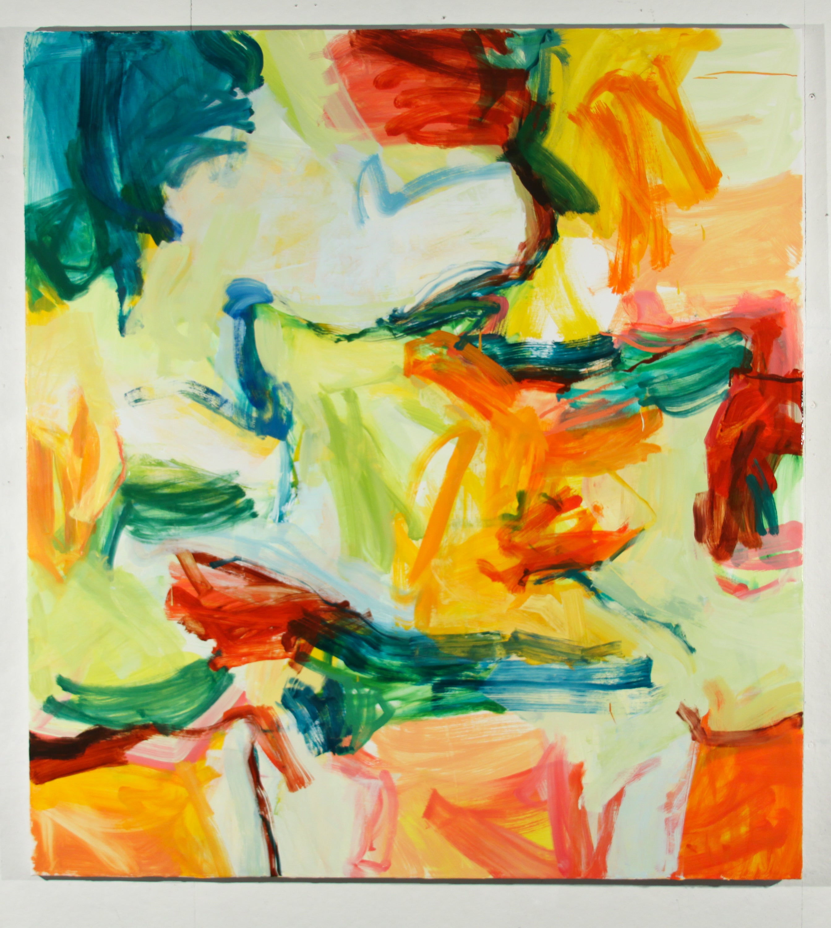 An abstract expressionist painting featuring expressive, textured brushstrokes in vibrant orange, yellow, green, teal, and red on a white canvas.