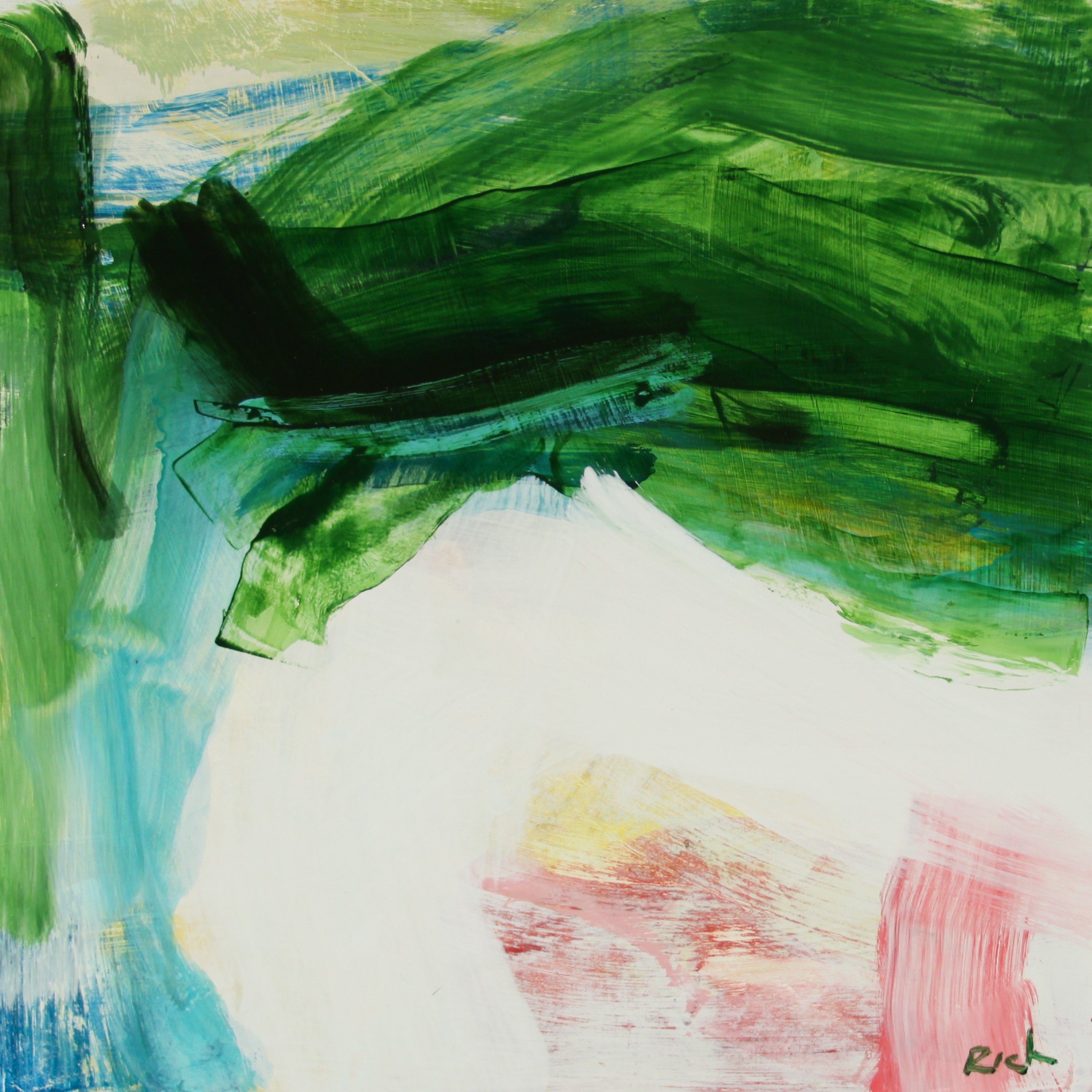 An abstract painting featuring expressive brushstrokes in various shades of green, a large white central area, light blue strokes on the left, and pink and yellow accents near the bottom right.