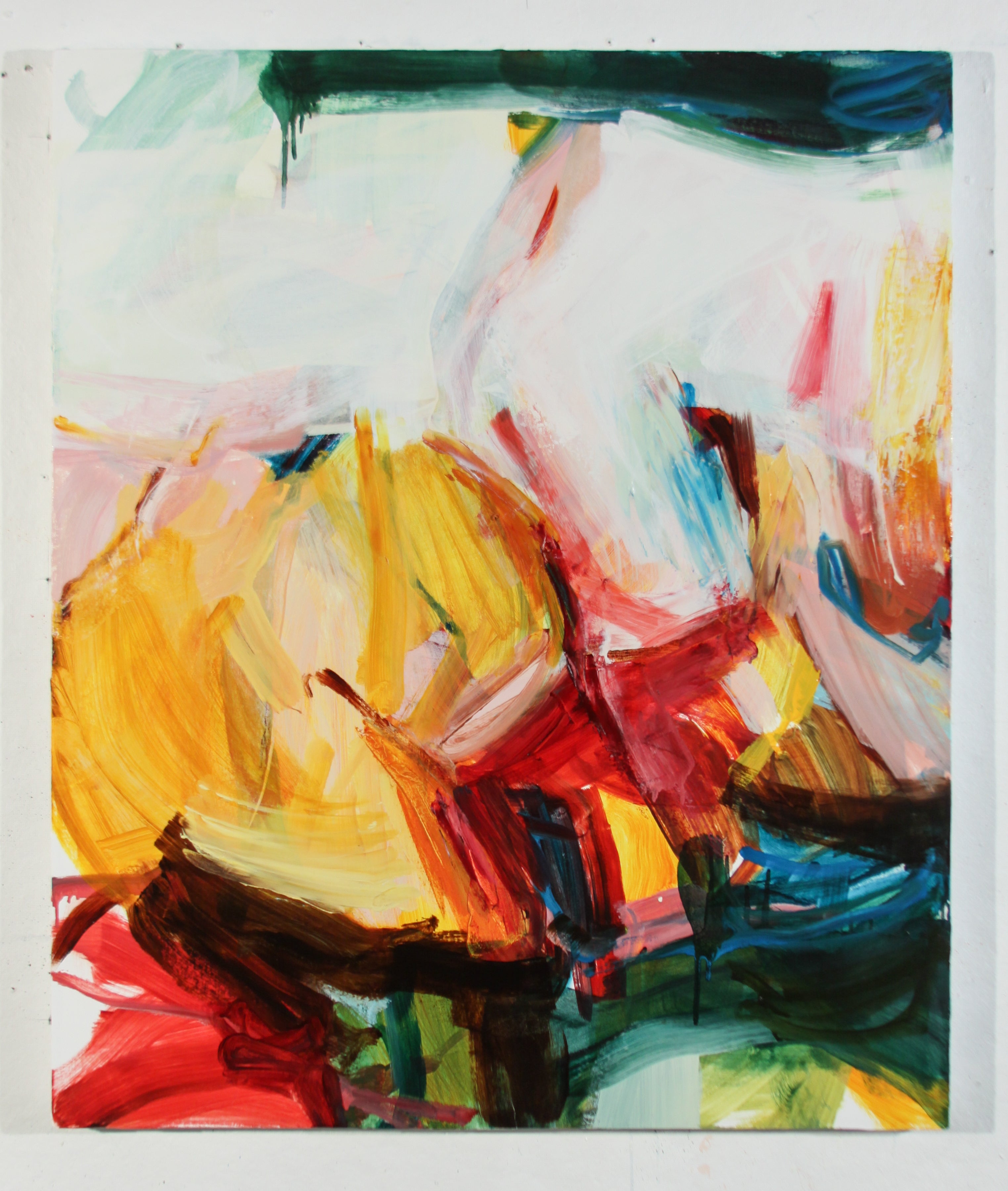 An abstract painting featuring expressive brushstrokes in yellow, red, white, blue, green, and black, with a white border around the artwork.