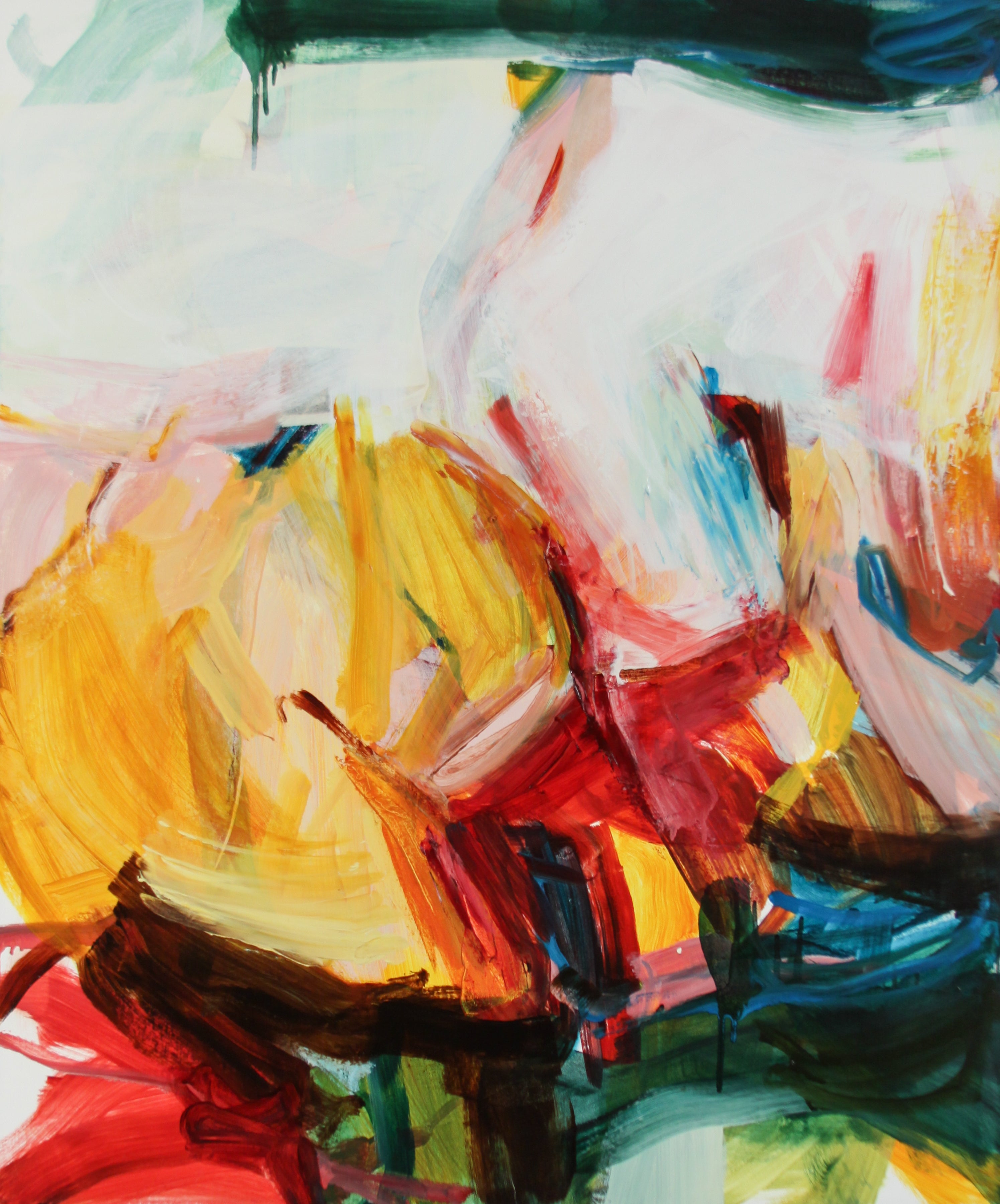 Abstract painting with expressive brushstrokes in yellow, red, white, blue, green, and dark navy tones.