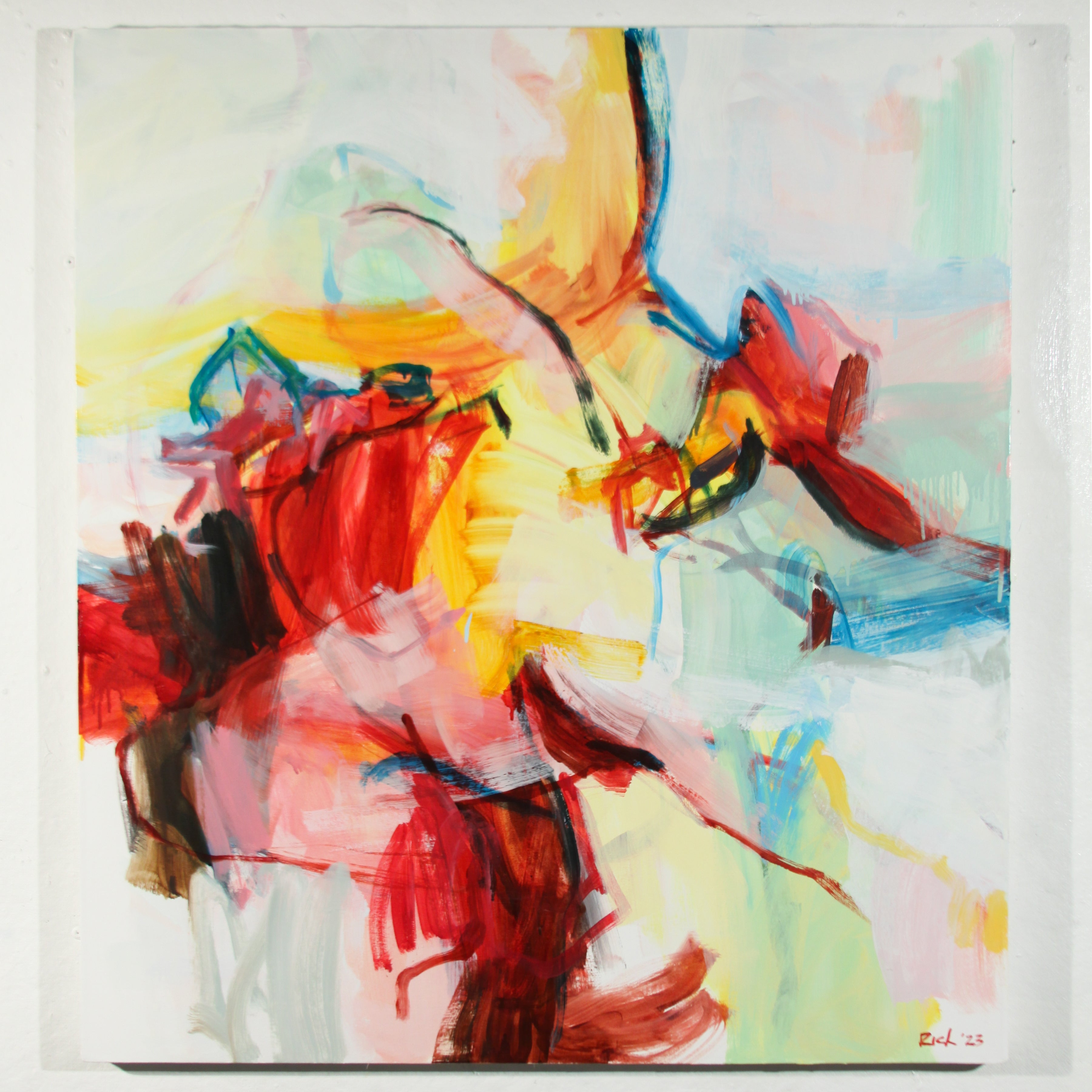 An abstract expressionist painting on a white canvas featuring expressive brushstrokes in red, yellow, pink, blue, green, and black.