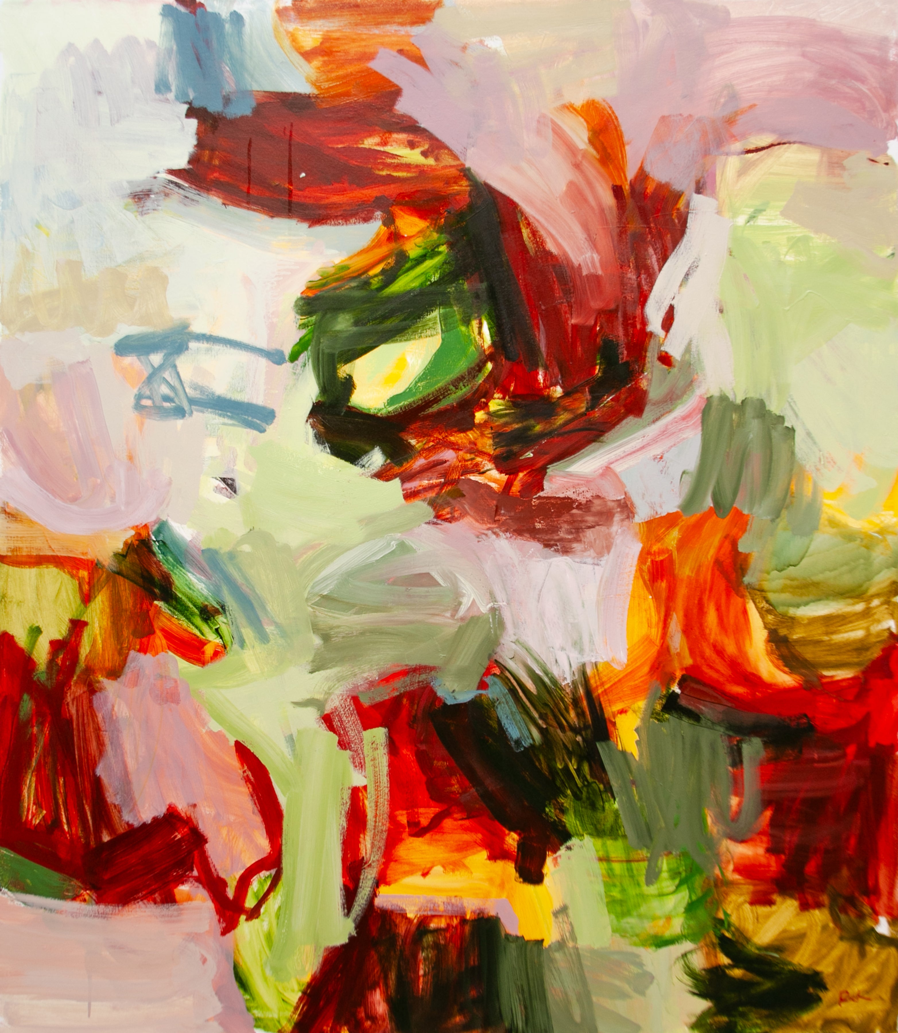 An abstract expressionist painting featuring energetic, textured brushstrokes in red, orange, green, pink, white, and blue.