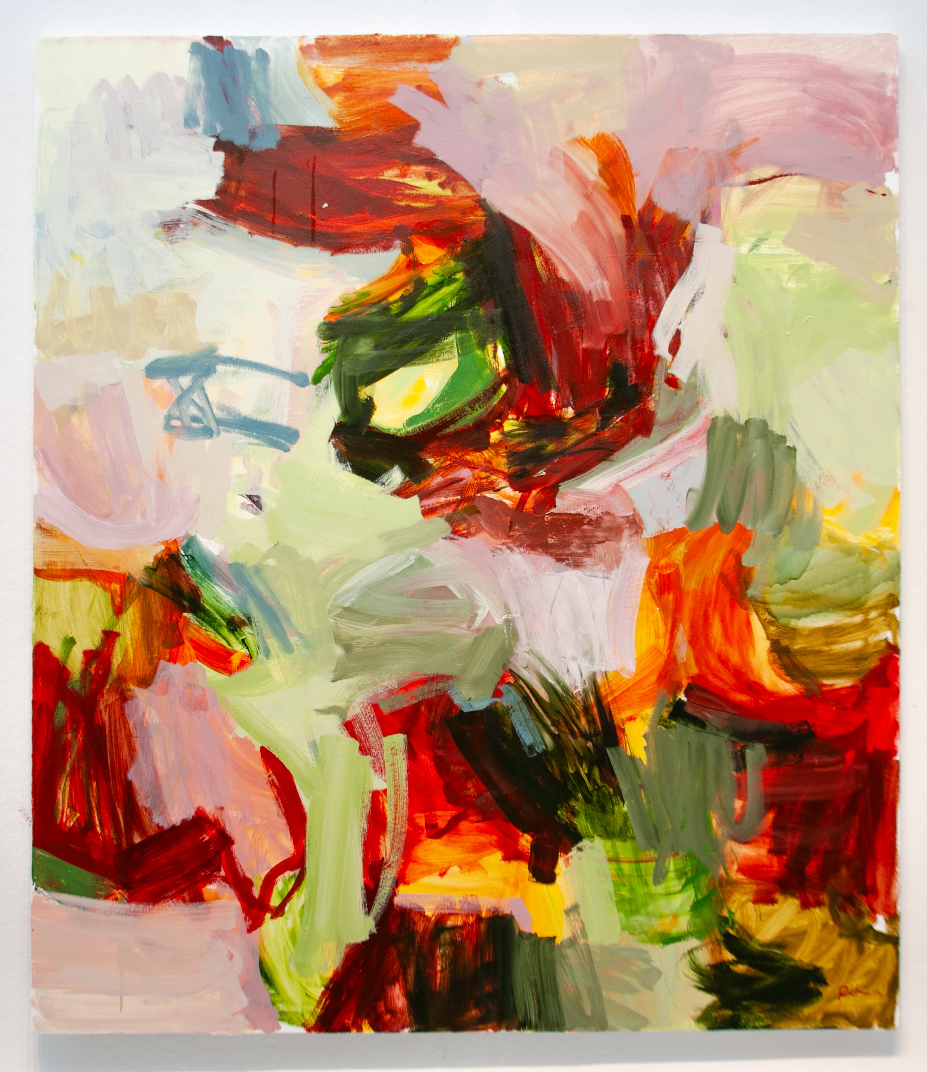 An abstract expressionist painting featuring bold, expressive brushstrokes in red, orange, green, pink, yellow, and white on a square canvas.