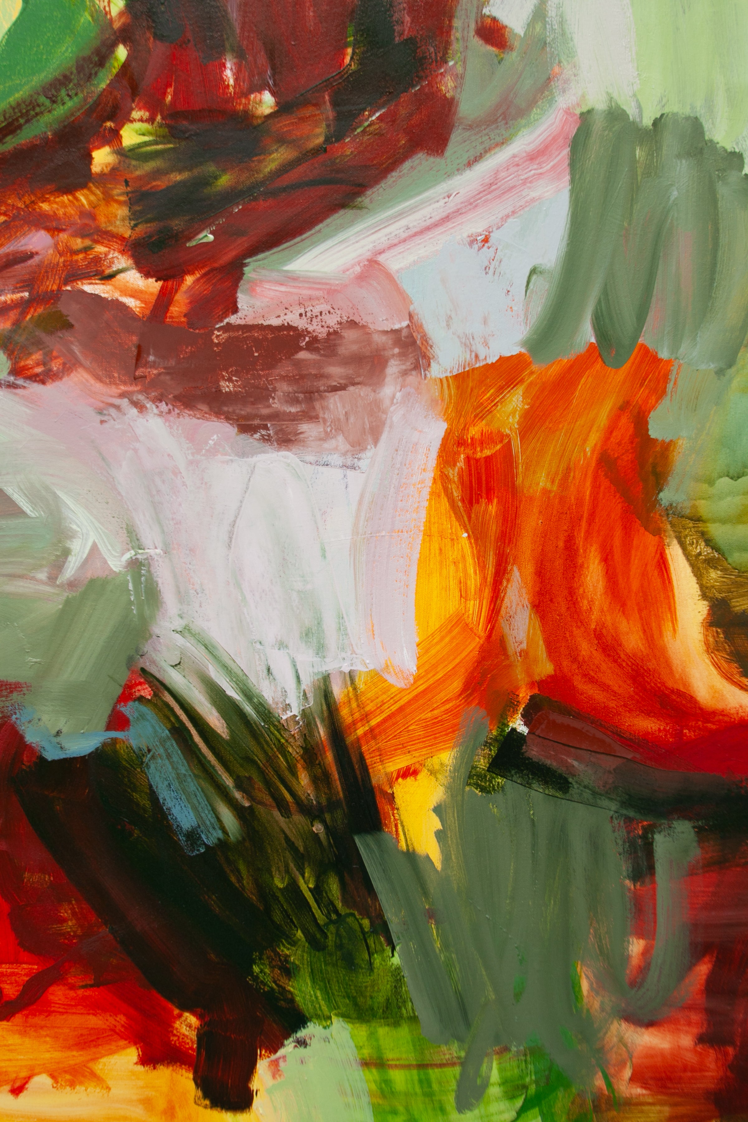 Abstract expressionist painting with thick, textured brushstrokes in vibrant orange, red, green, white, and dark brown tones.