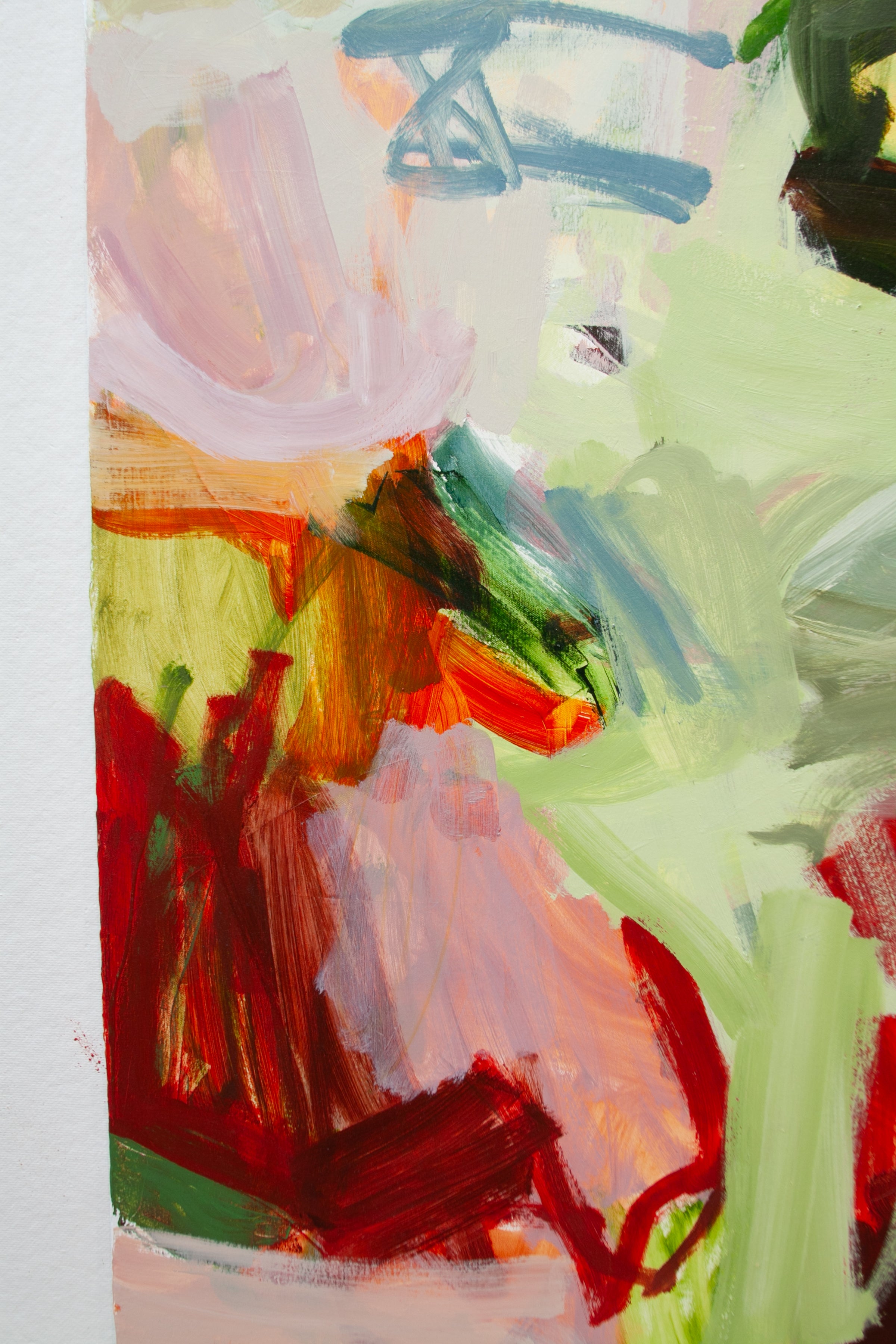 Abstract floral painting with expressive brushstrokes in light green, soft pink, deep red, orange, and touches of blue and dark green on textured paper.