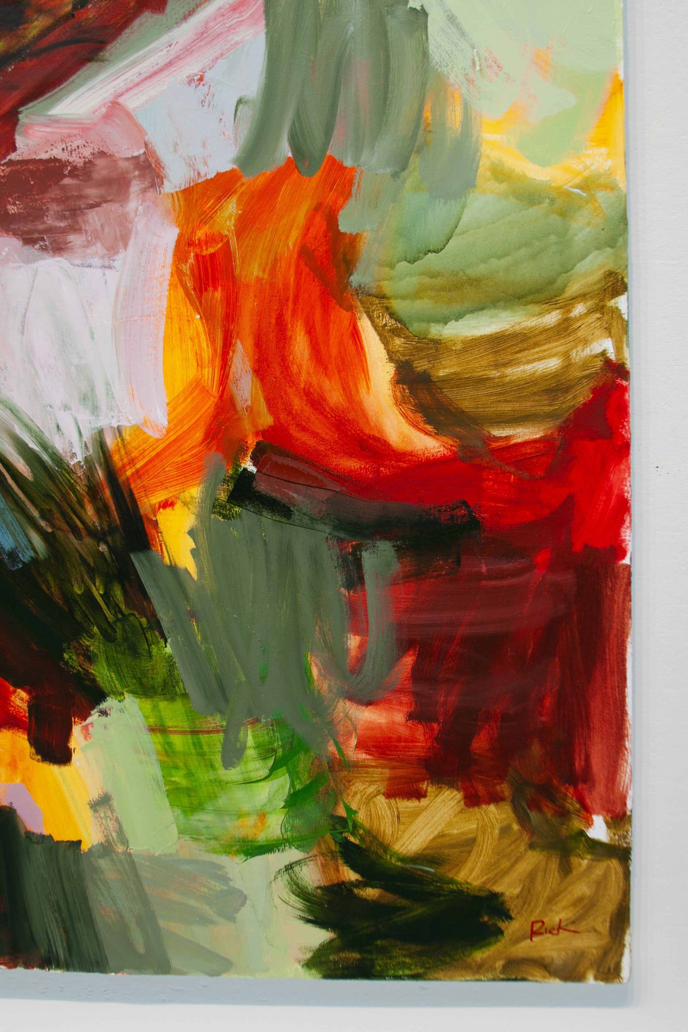 An abstract expressionist painting featuring expressive, textured brushstrokes in vibrant red, orange, green, yellow, brown, and white.