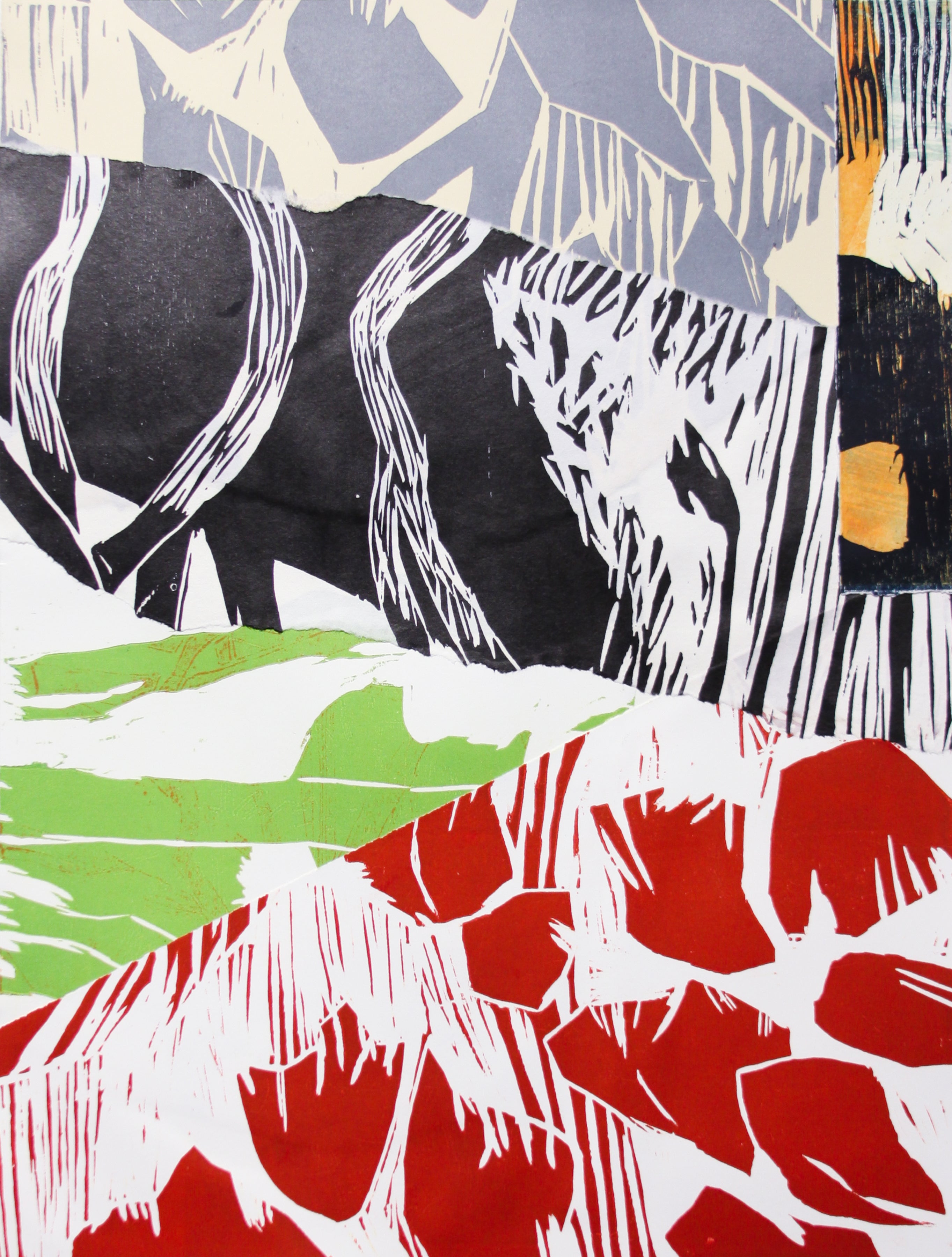 Abstract landscape art print featuring layered block-printed or linocut-style shapes in red, green, black, white, gray, and cream.