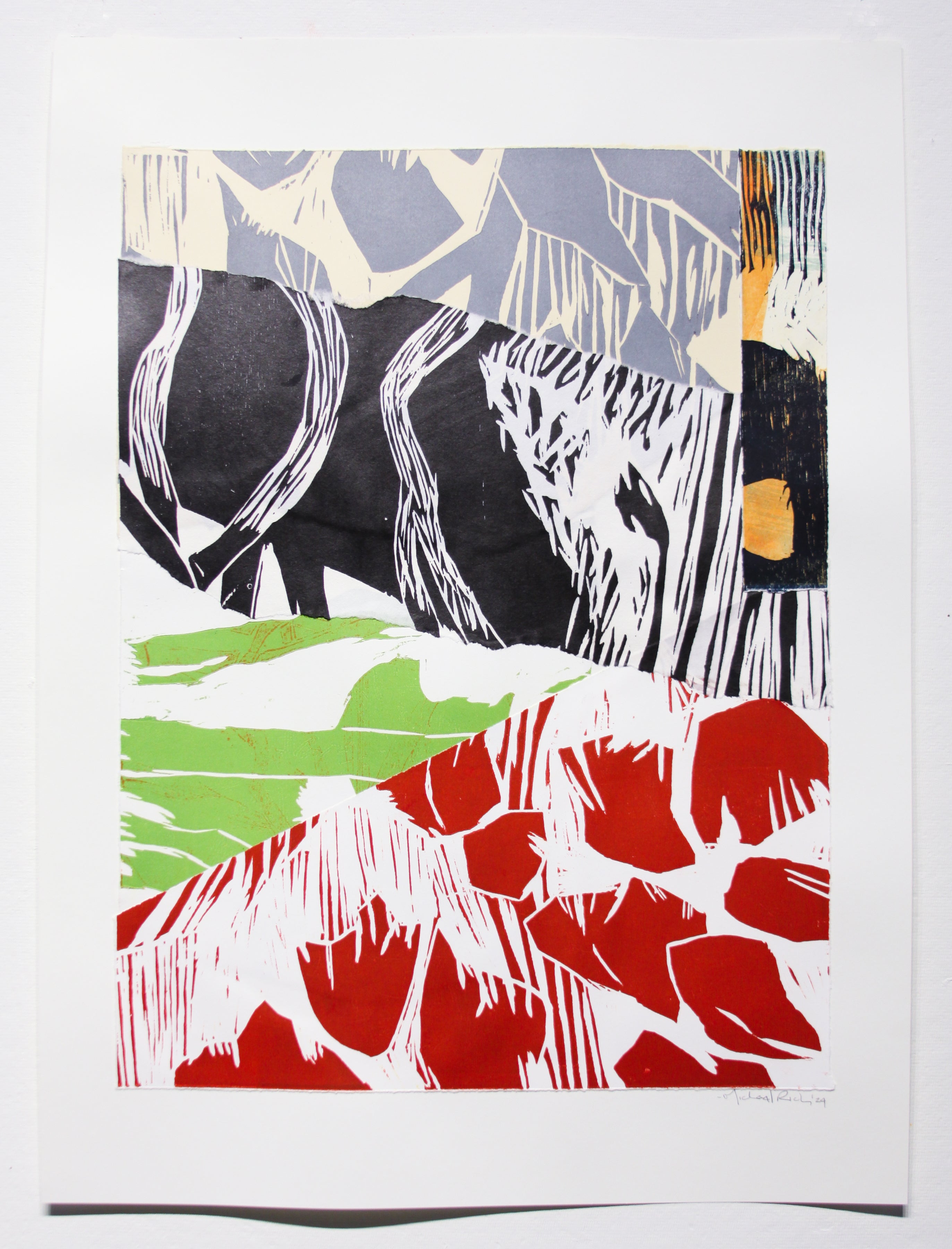 A square abstract art print featuring bold blocks of red, green, black, white, and gray with textured linework, presented on a white mat board against a light background.