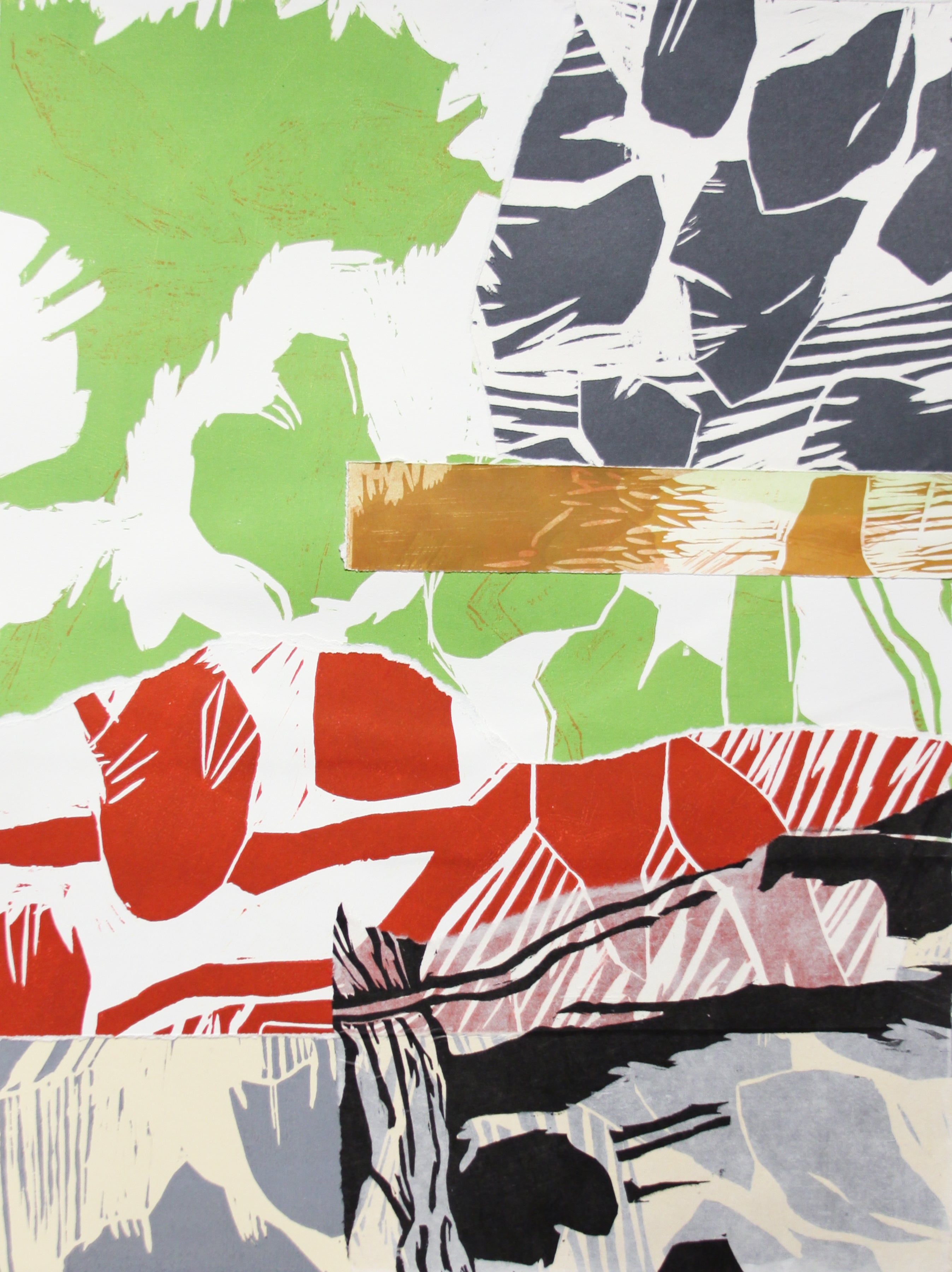 Abstract mixed-media artwork with layered brushstrokes and cutout shapes in green, navy, red, black, gray, white, and a horizontal gold-brown band.