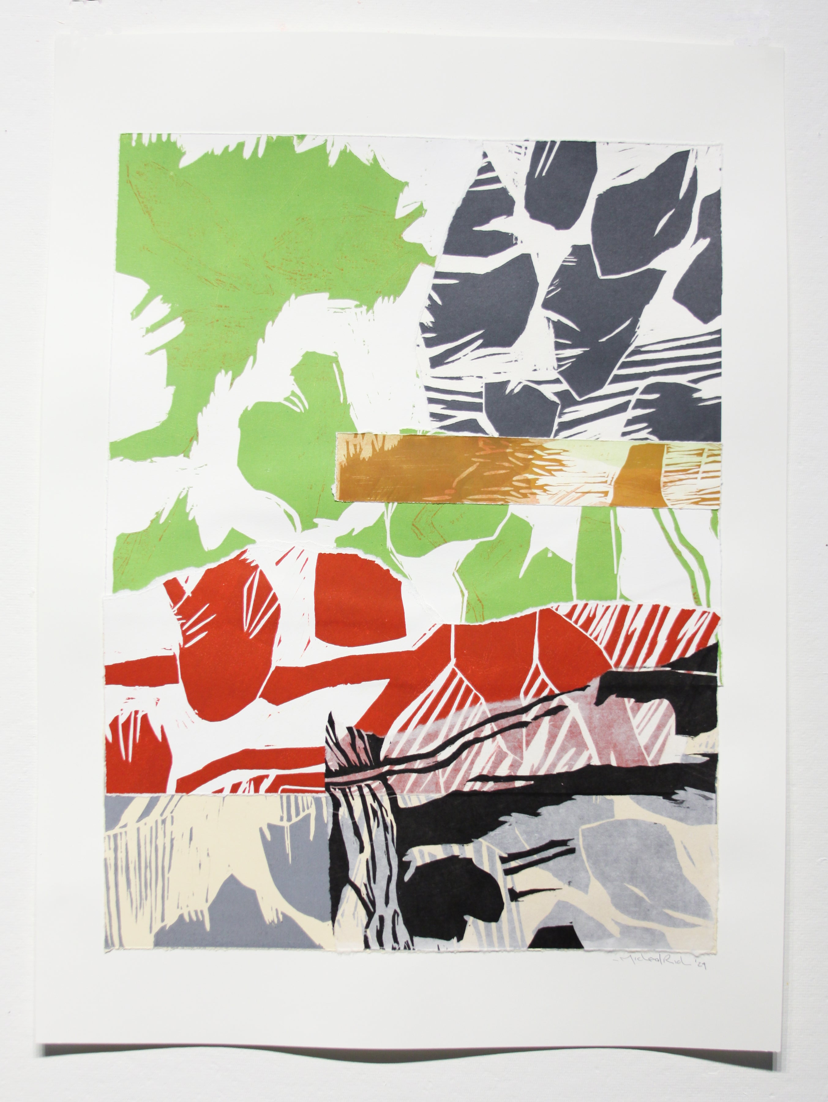 An abstract art print featuring a colorful block-print style design with green, red, black, gray, and gold brushstrokes on a white background.