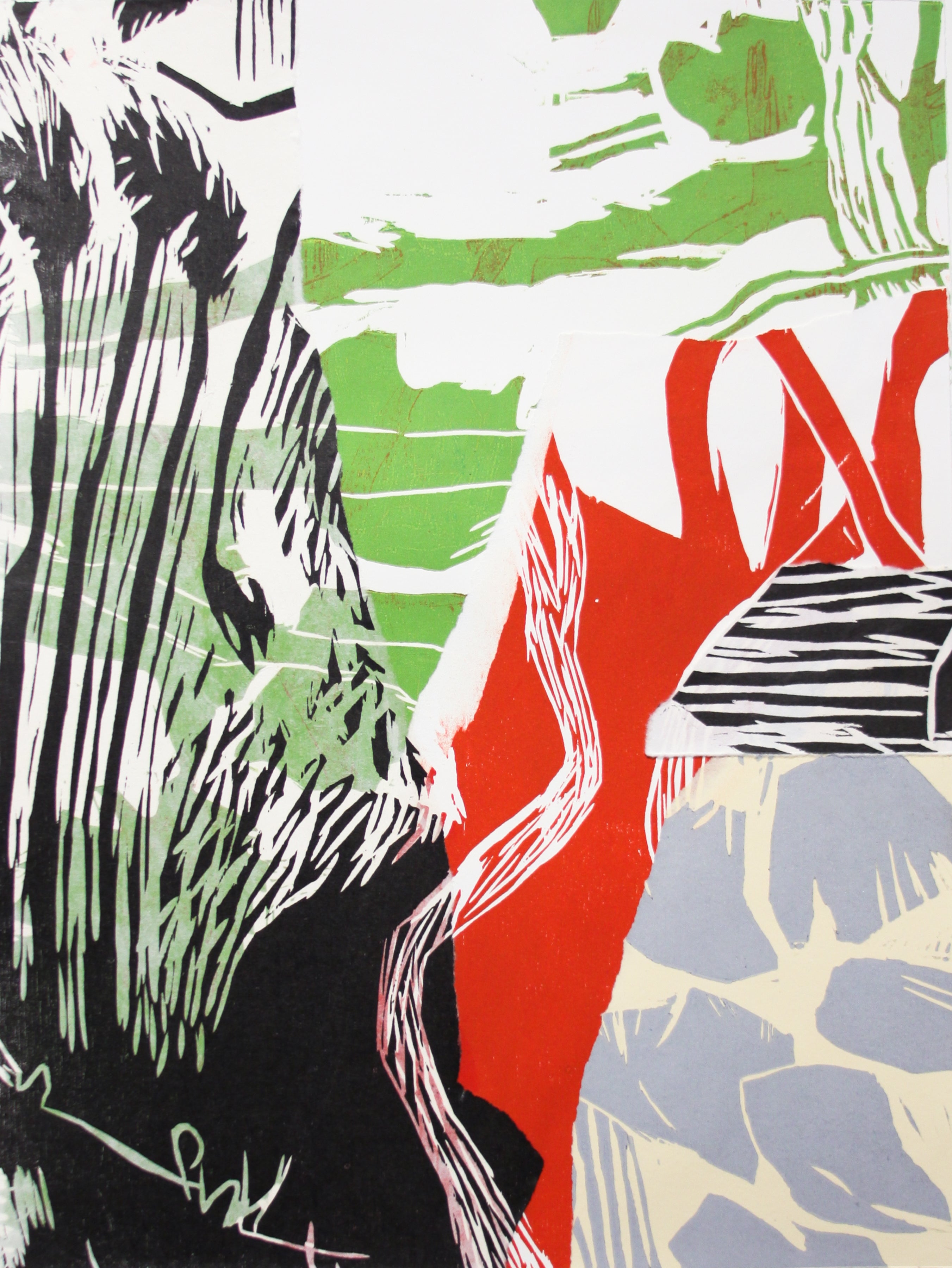 Abstract art print featuring a bold graphic design with blocks of red, green, black, white, and light gray, styled with textured brushstrokes and linework.