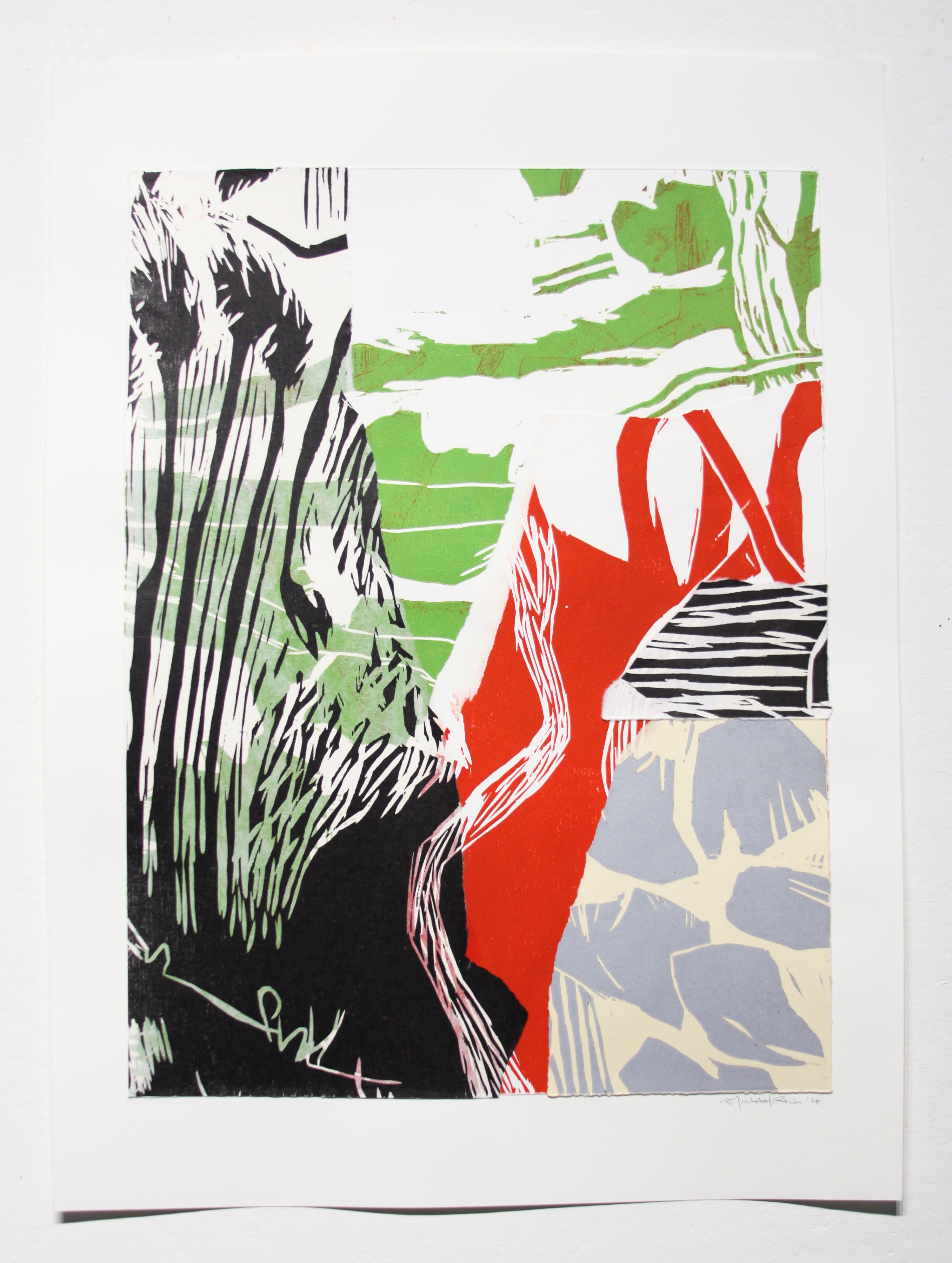 An abstract art print featuring a bold, graphic composition with blocks of red, green, black, gray, and cream, presented on a white paper sheet against a neutral background.