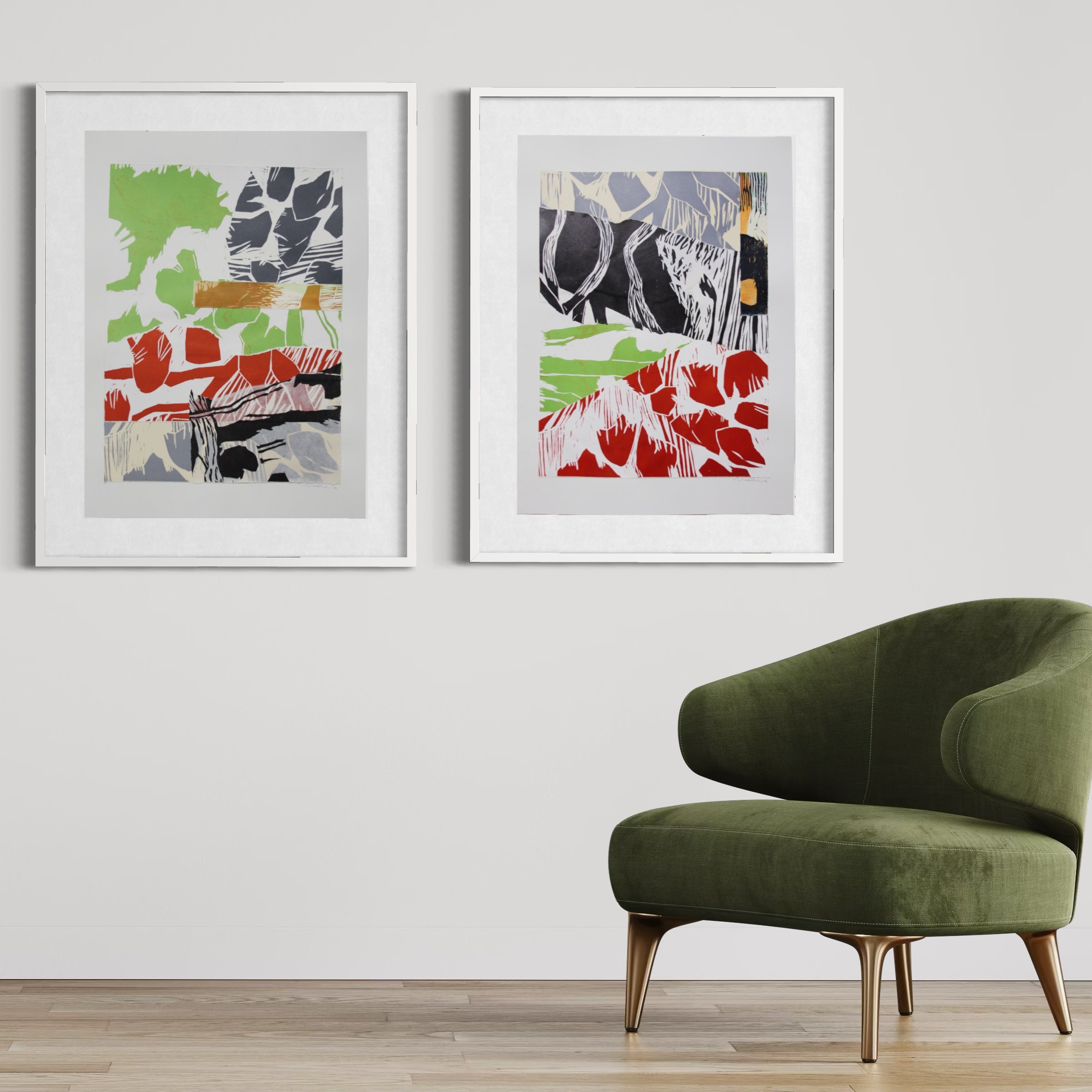 Two framed abstract art prints hanging on a light gray wall above a green velvet armchair with wooden legs, in a styled interior setting.
