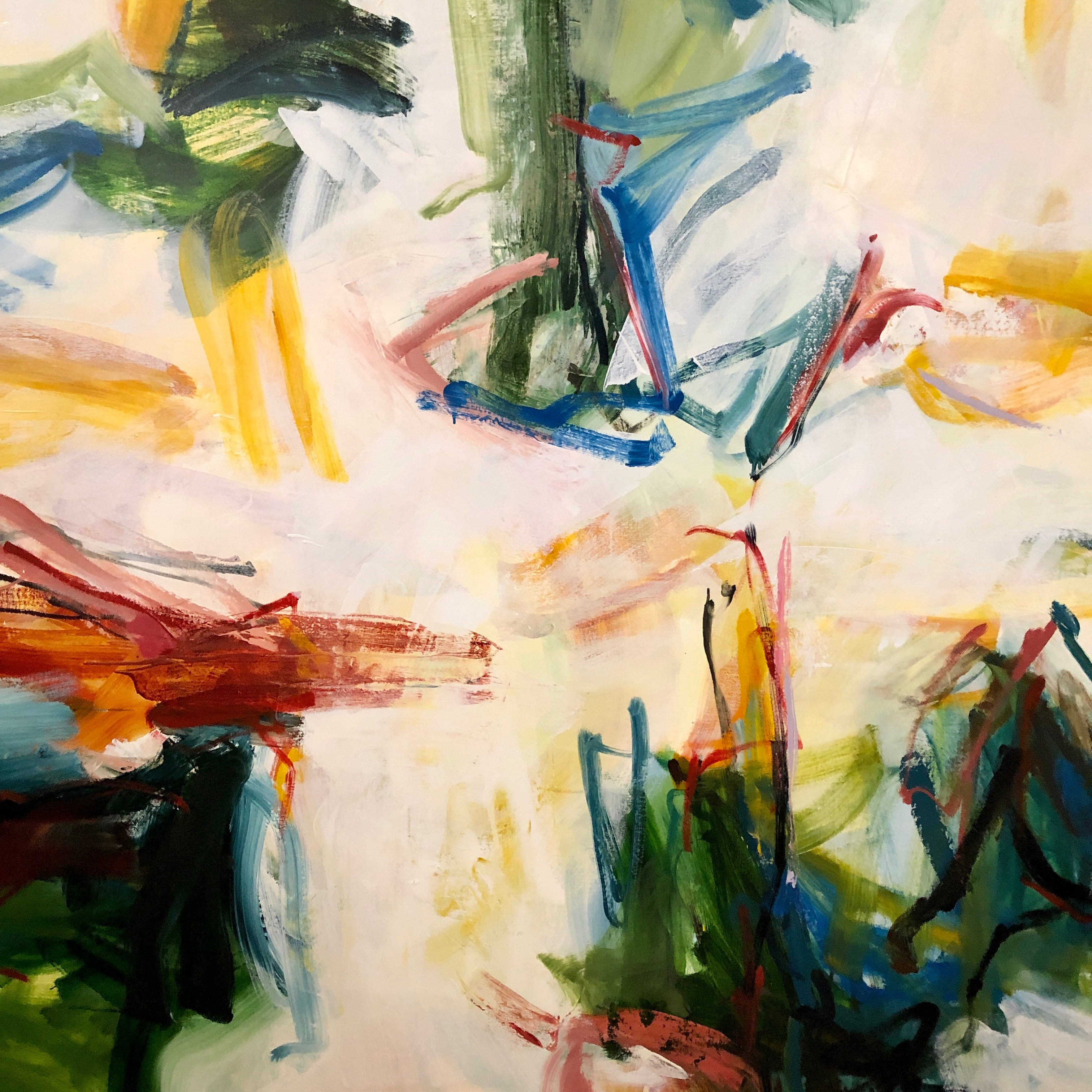 Abstract expressionist painting with expressive brushstrokes in blue, green, yellow, orange, red, and black on a white background.