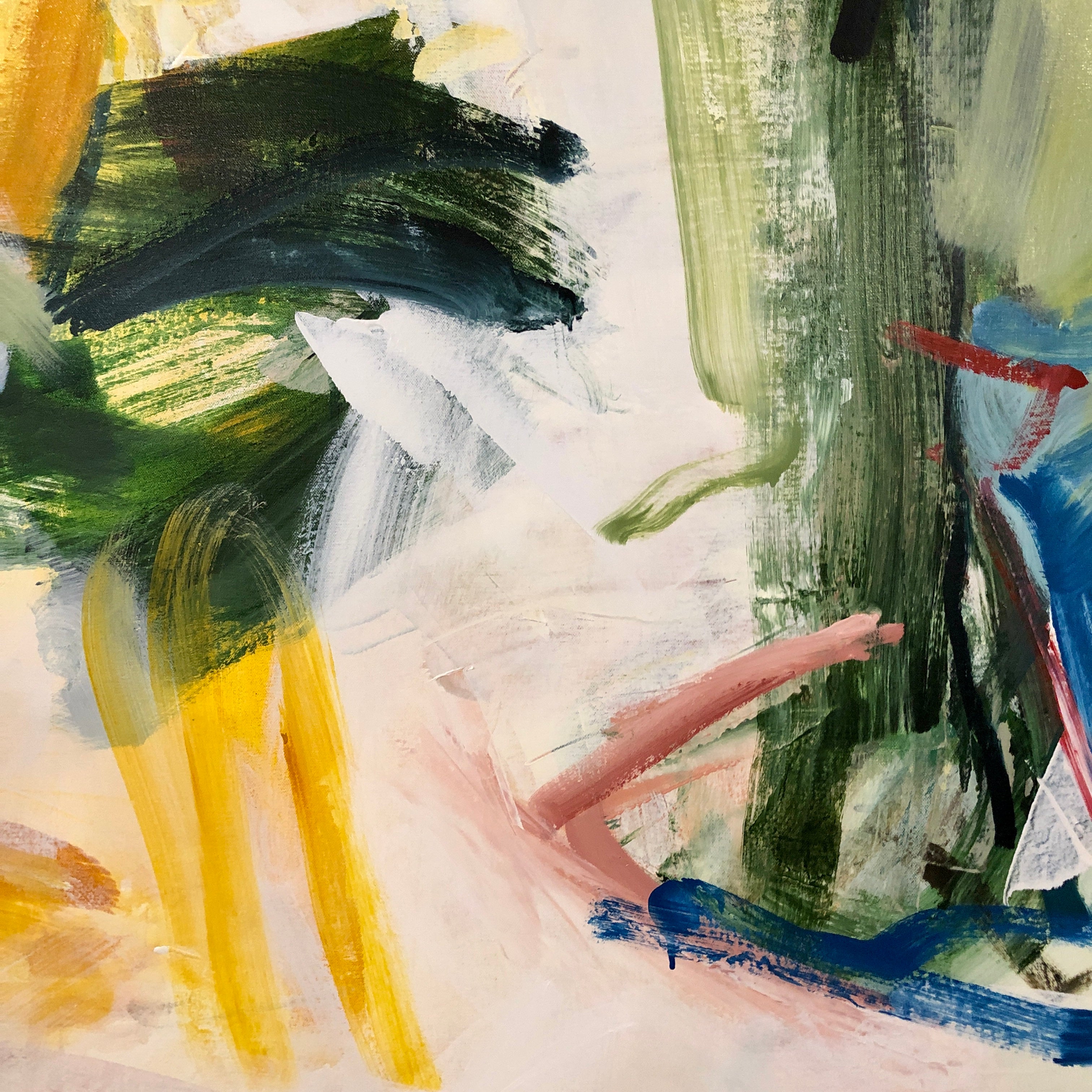 Abstract expressionist painting with expressive brushstrokes in green, yellow, blue, pink, and white on a textured off-white canvas.