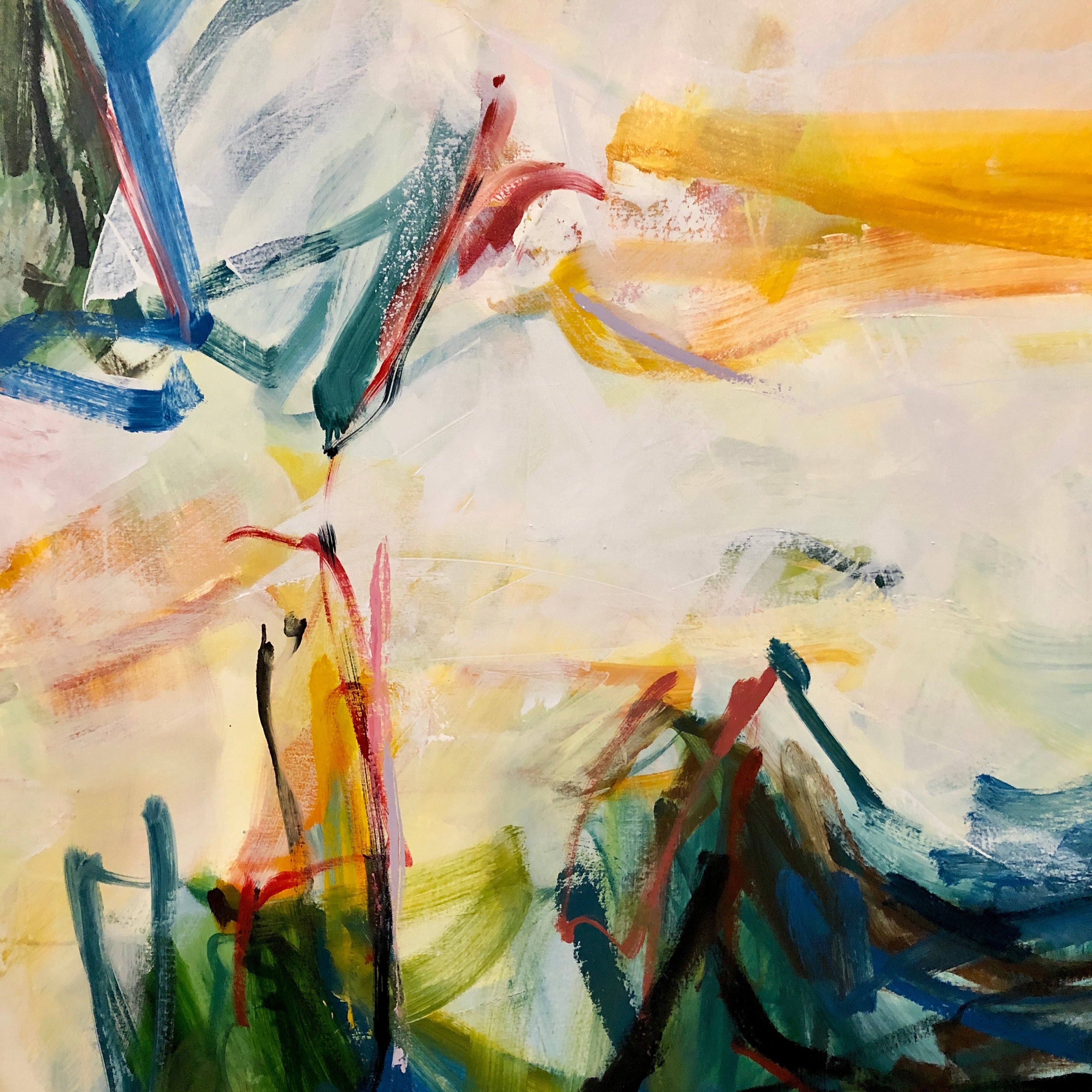 Abstract expressionist painting with expressive brushstrokes in white, yellow, blue, green, red, and black.