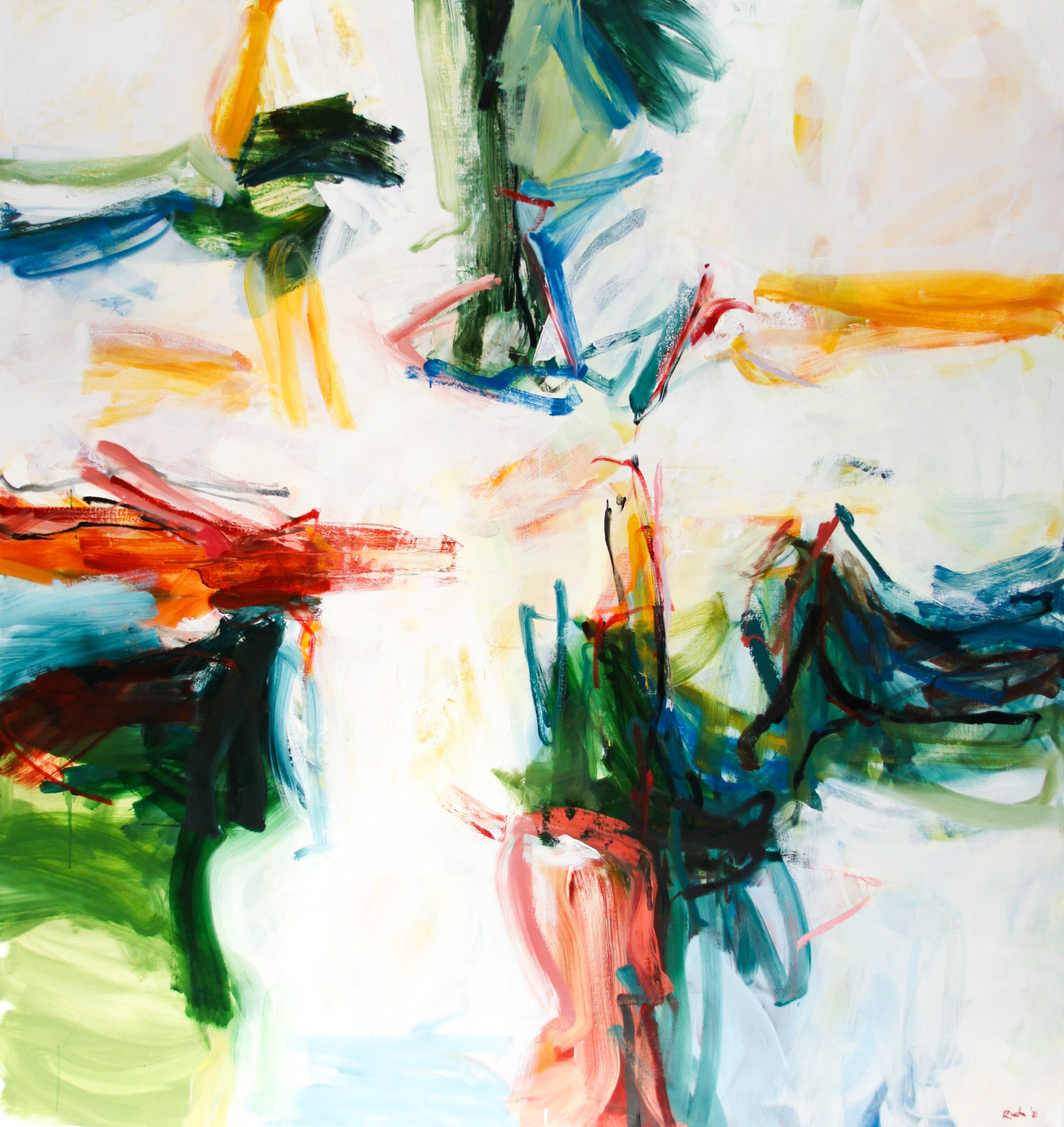 Abstract expressionist painting with energetic, gestural brushstrokes in white, blue, green, red, orange, and black.