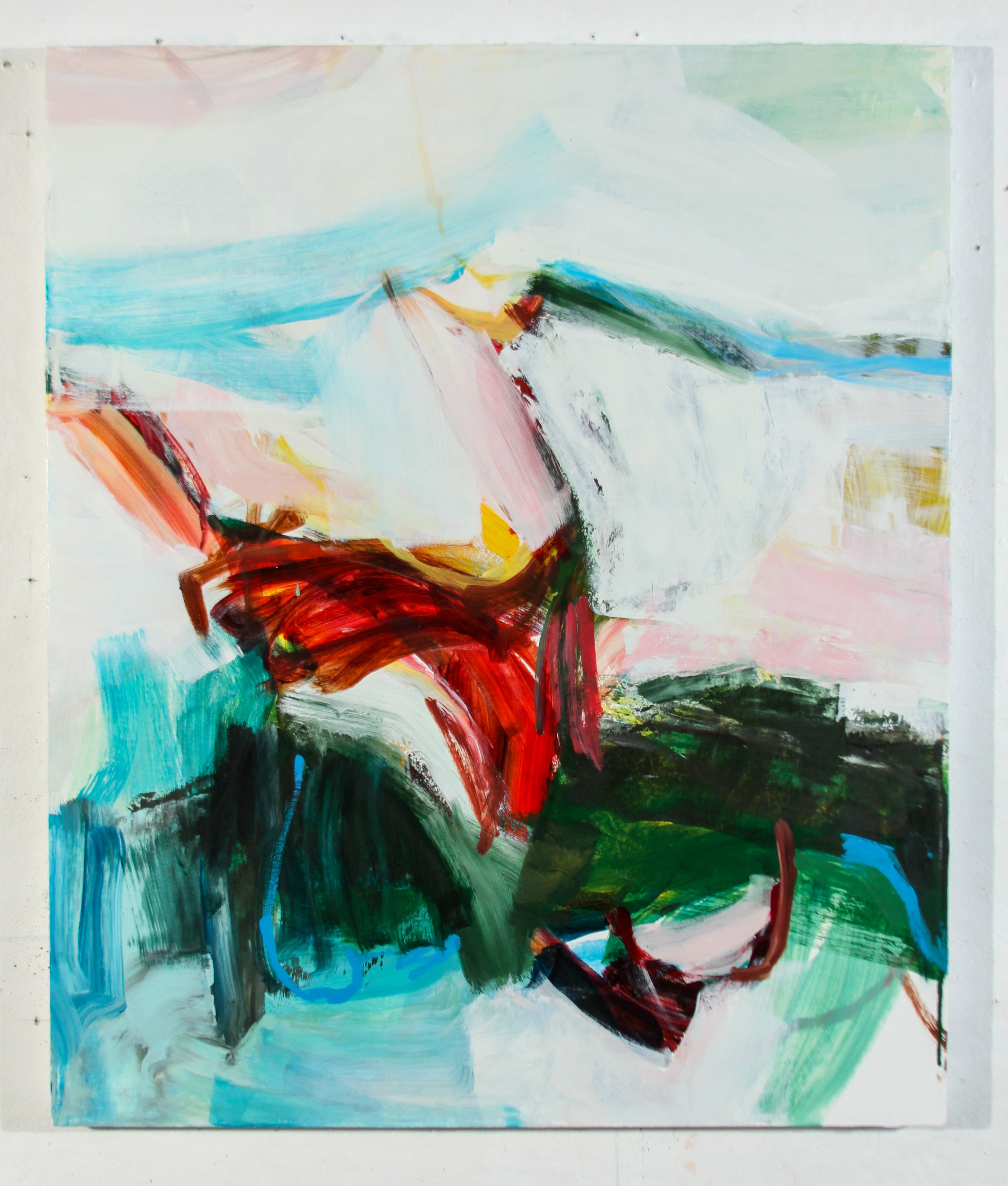 An abstract painting on canvas featuring expressive brushstrokes in white, light blue, pink, red, green, and dark charcoal tones.