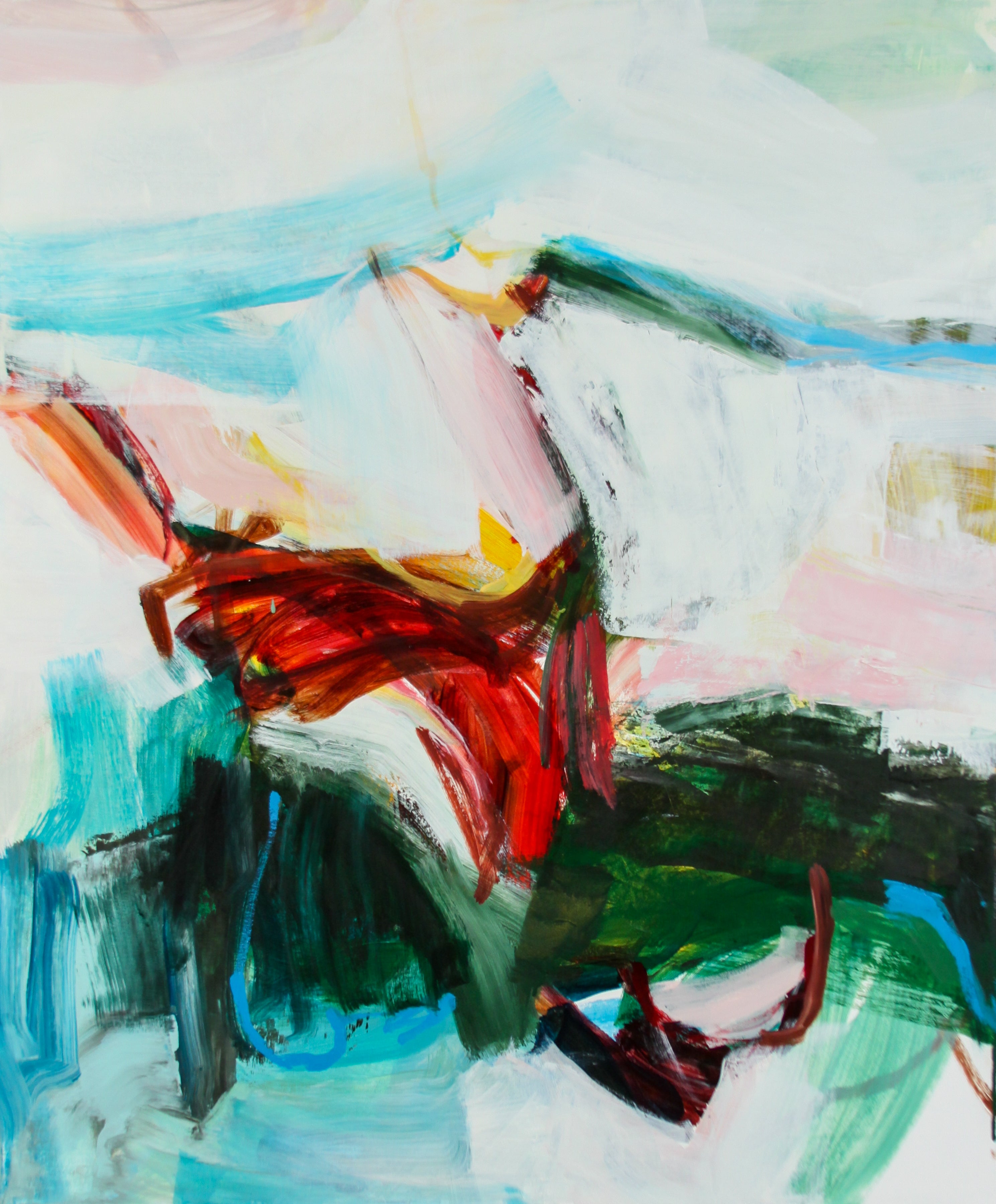 Abstract expressionist painting with expressive brushstrokes in white, light blue, pink, red, green, and black.