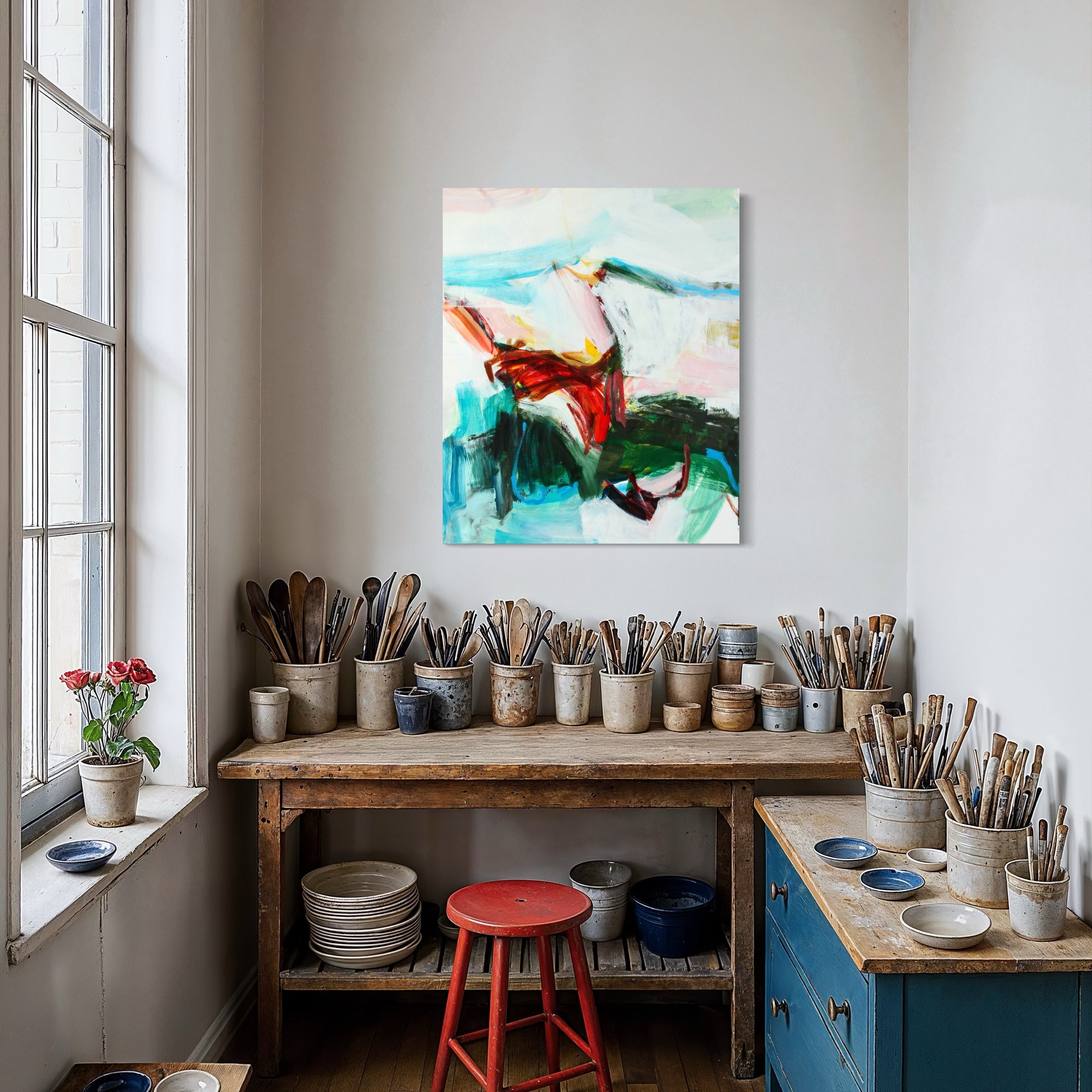 An abstract painting featuring a stylized figure in red, green, and white against a blue and cream background, displayed on a white wall in a pottery studio with ceramic vessels and a rustic wooden table.