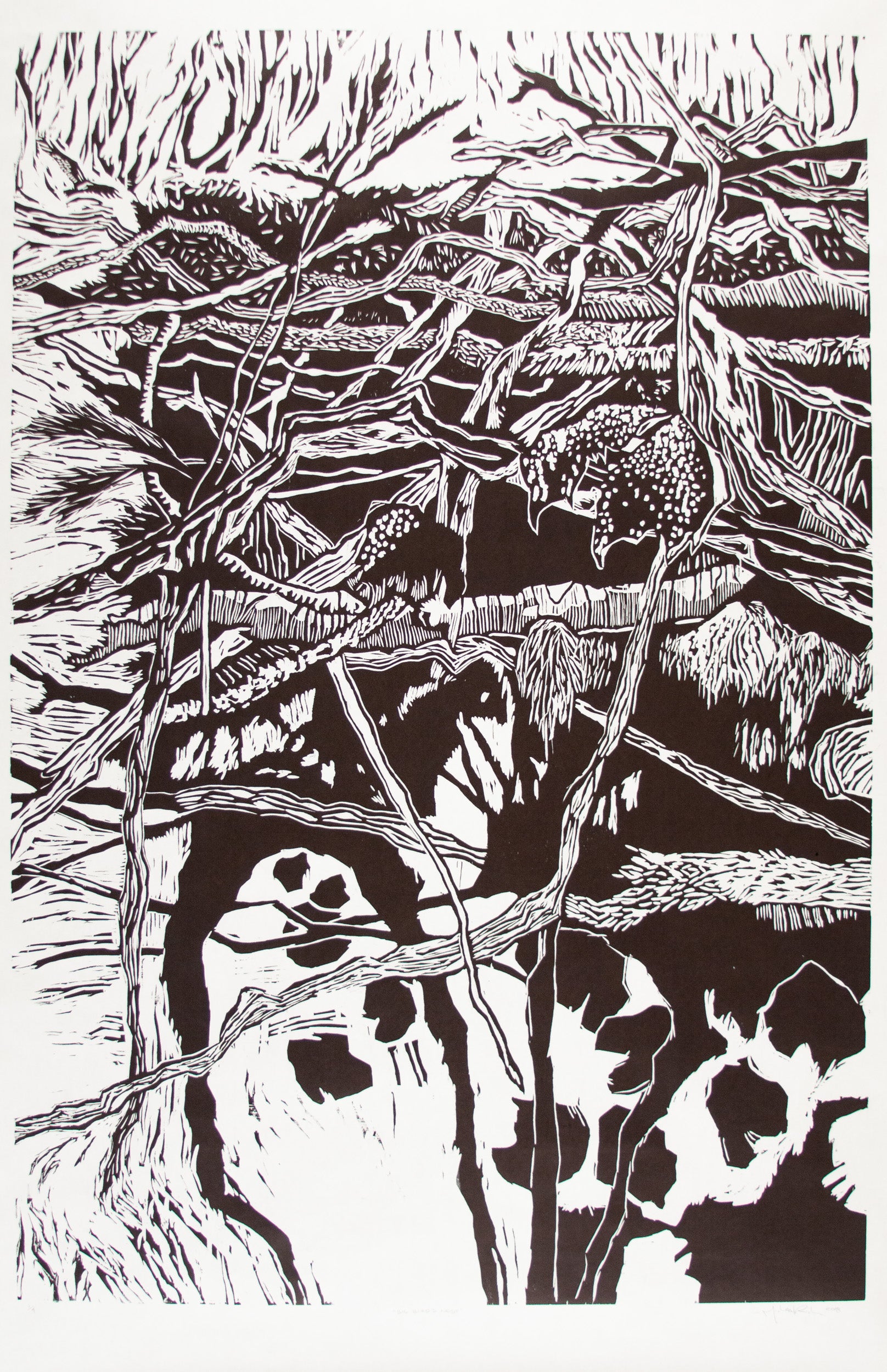 Black and white linocut print of a tree with intricate patterns