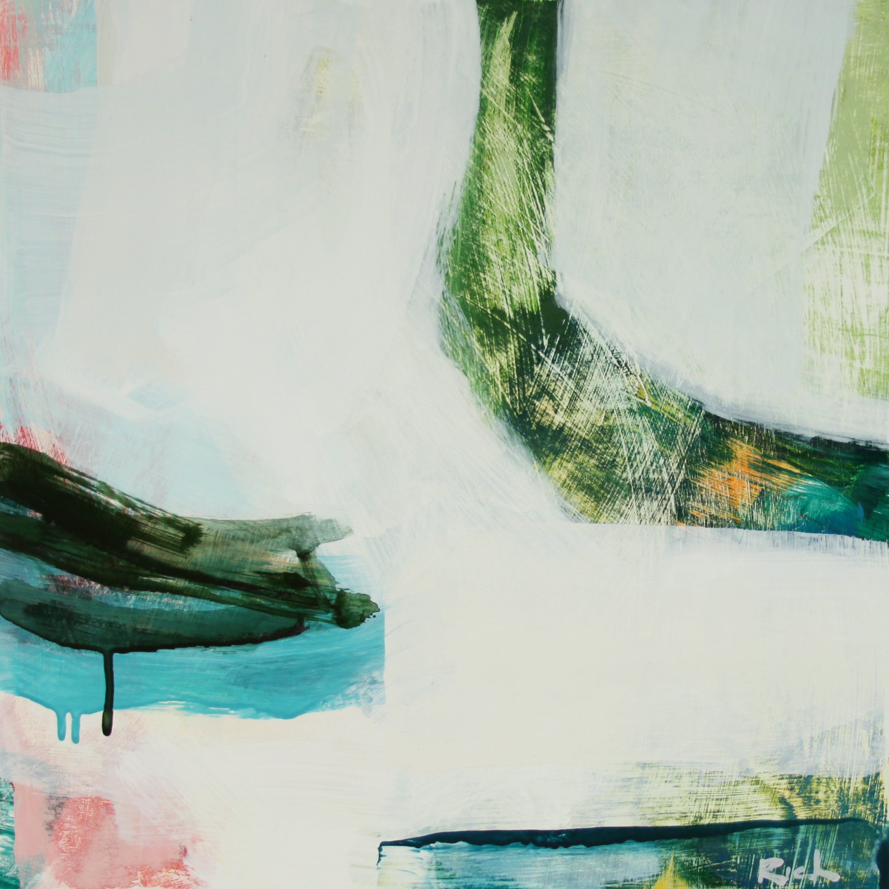 Abstract painting with broad white and off-white brushstrokes, green and teal painted forms, and small areas of pink and yellow.