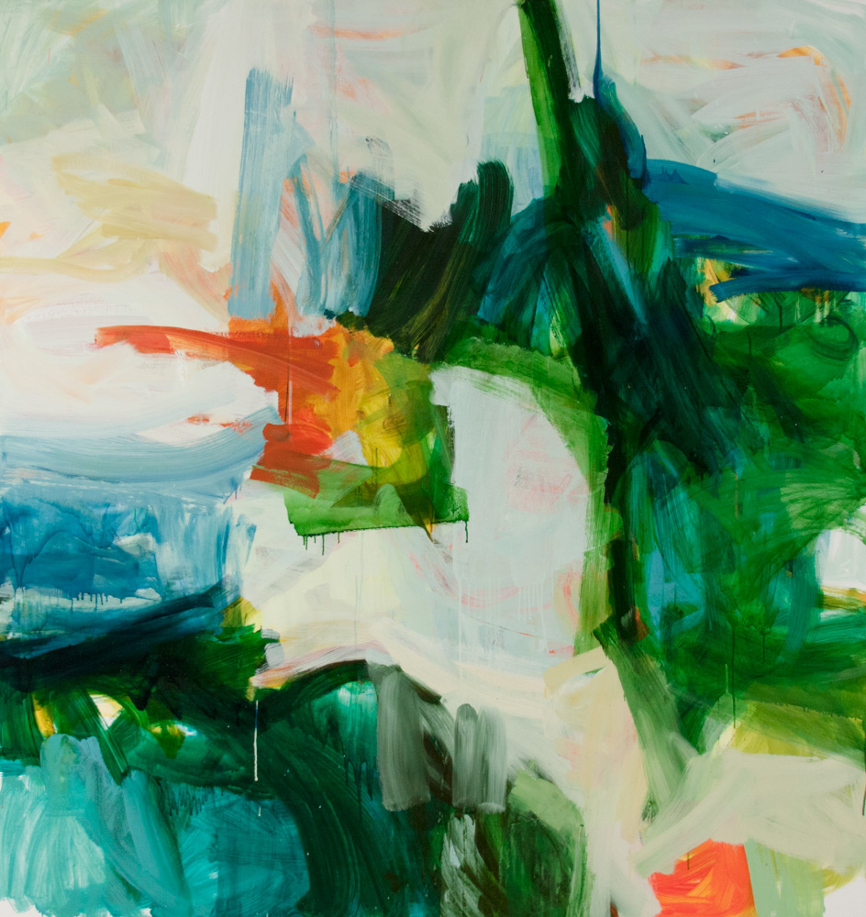 Abstract expressionist painting with expressive, textured brushstrokes in green, teal, blue, white, orange, and yellow.