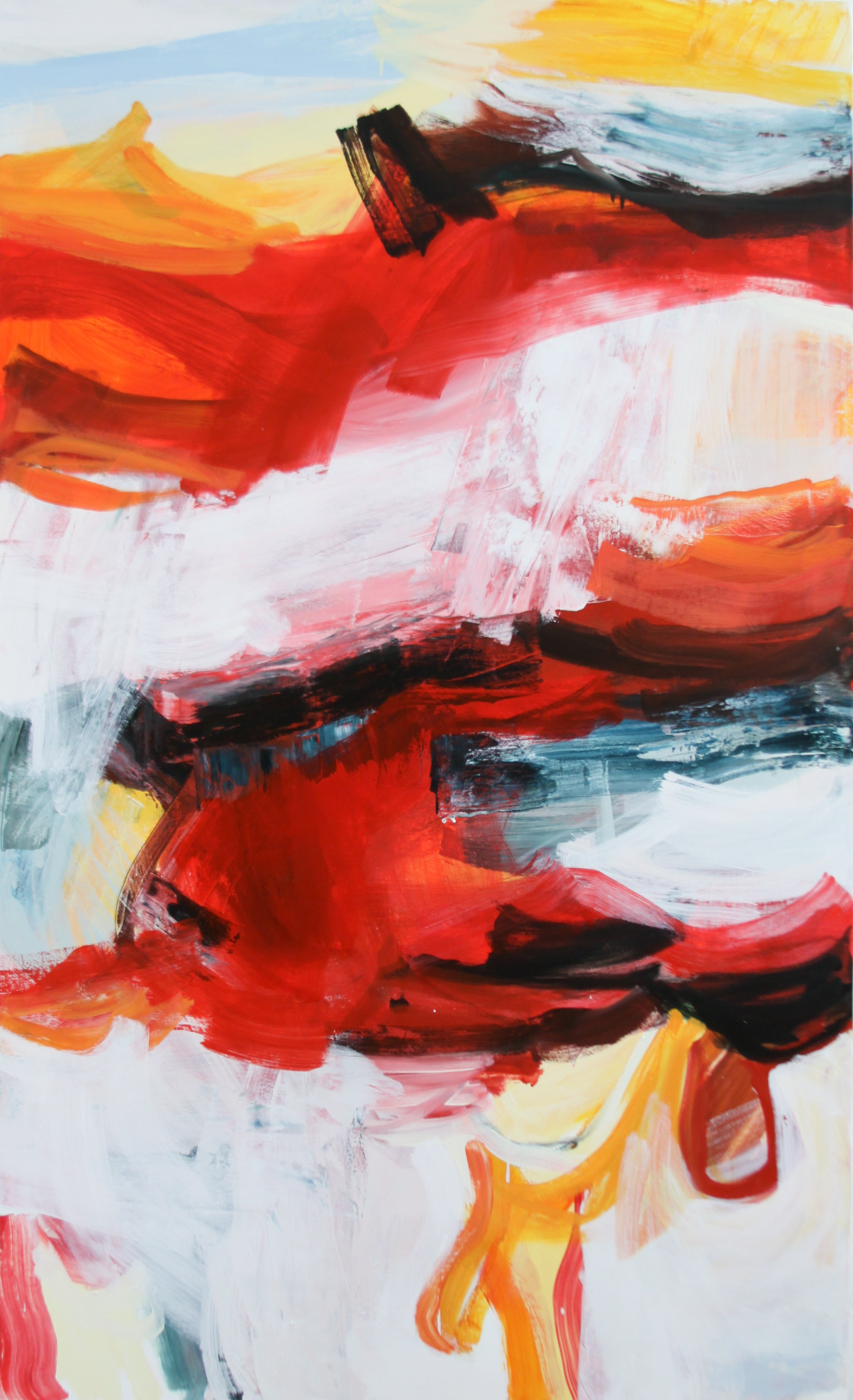 Abstract painting with expressive brushstrokes in red, orange, white, black, blue, and yellow.