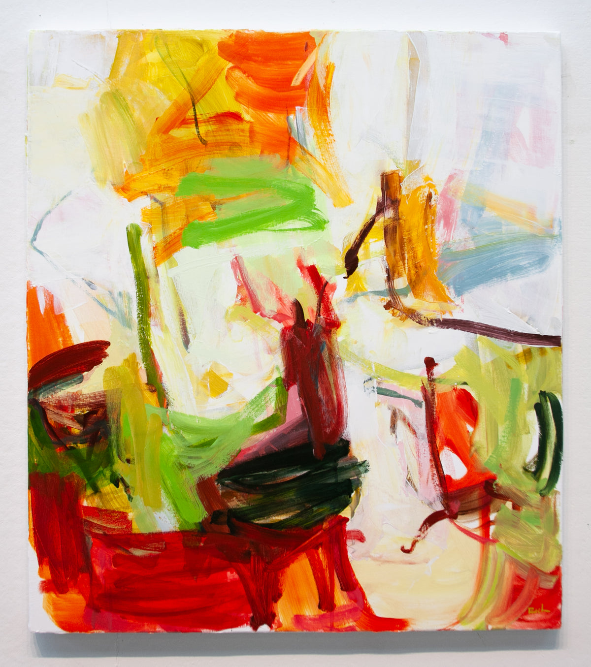 An abstract expressionist painting by Michael Rich on a square canvas featuring expressive brushstrokes in vibrant red, yellow, green, orange, and white.