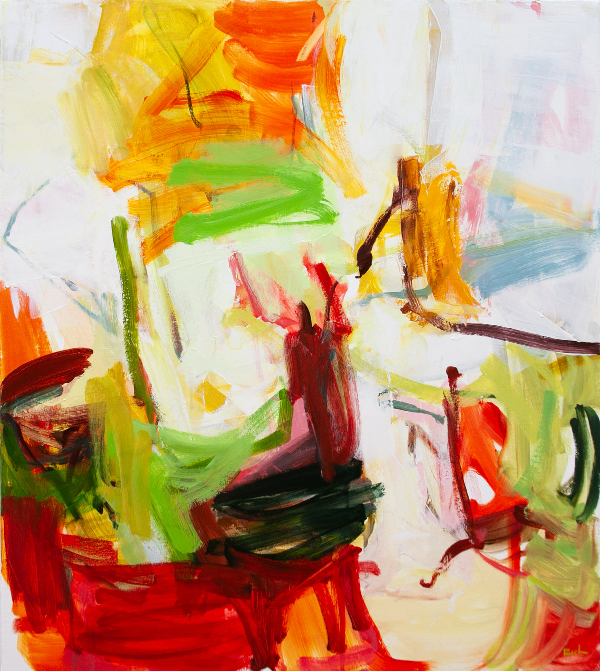 An abstract painting by Michael Rich with expressive brushstrokes in red, orange, yellow, green, white, and dark gray, filling the entire frame.
