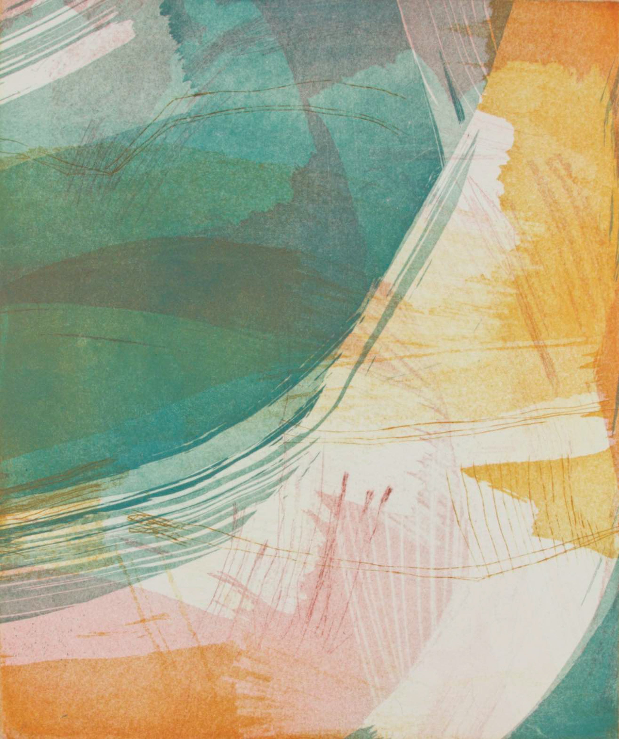 Abstract art print featuring fluid, sweeping brushstrokes in teal green, soft orange, pale pink, and cream white, with fine gold linework throughout.