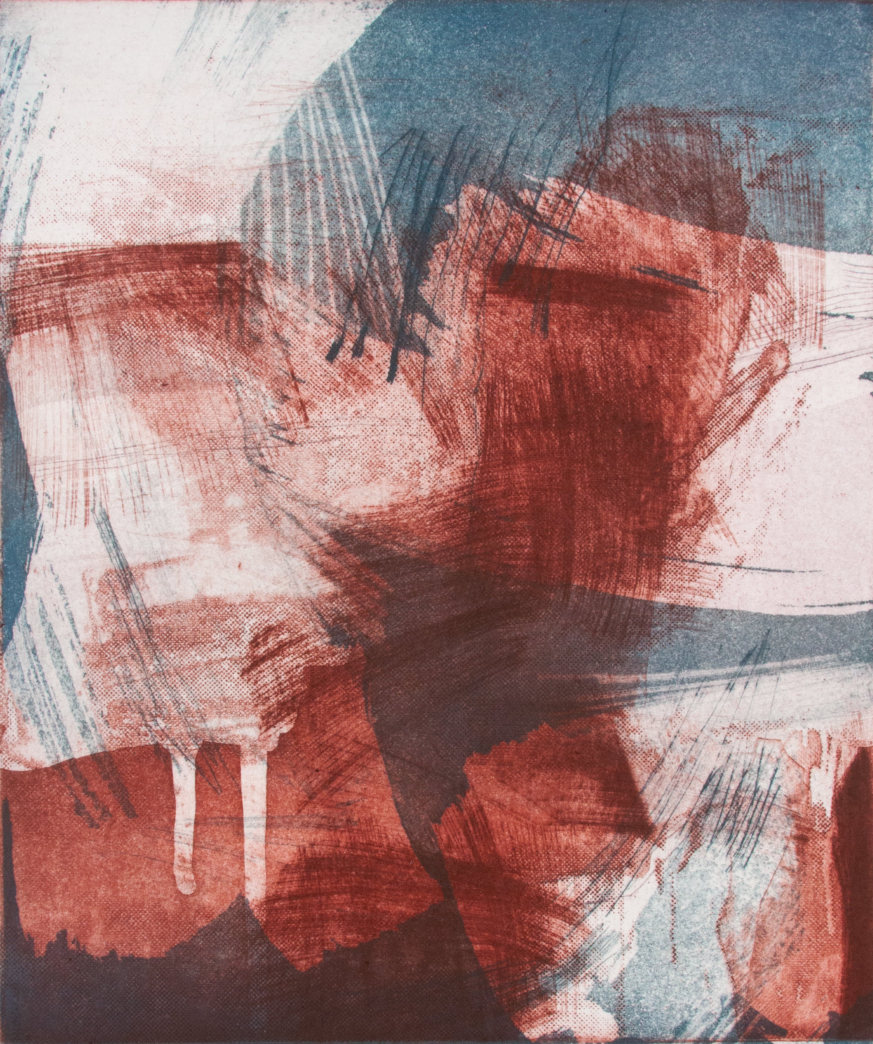 Abstract art print featuring expressive brushstrokes and textured blocks of terracotta red, slate blue, off-white, and dark brown.