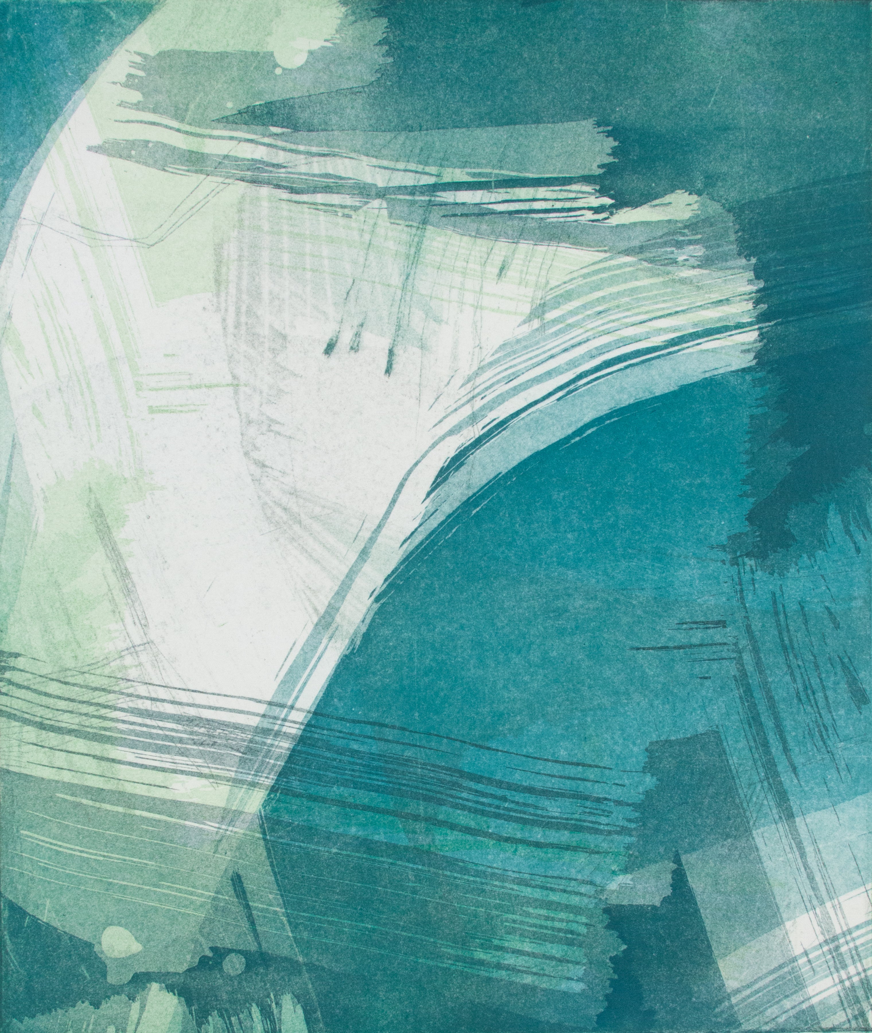 Abstract art print featuring textured teal, blue-green, and white brushstrokes with layered gestural lines.