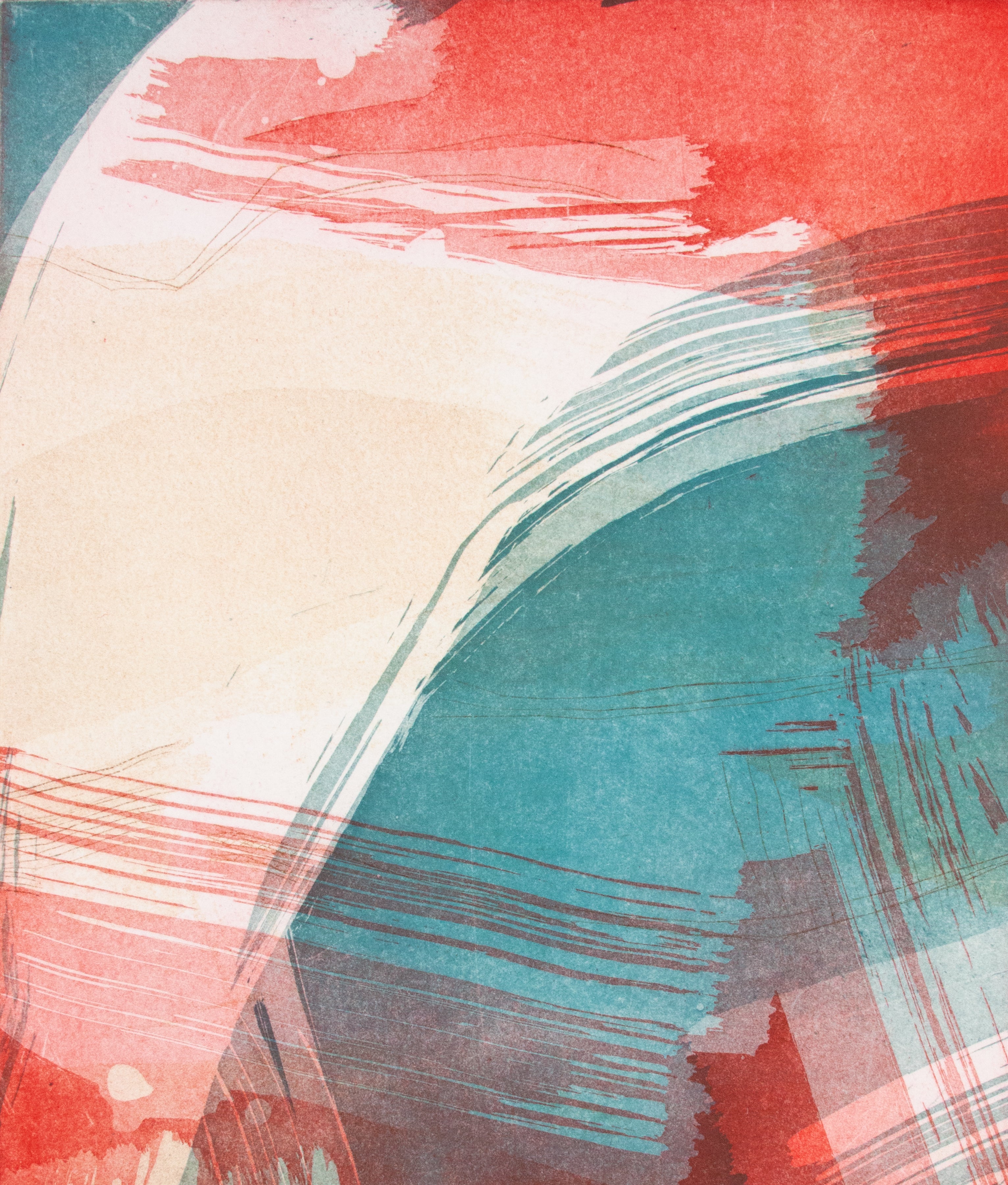 Abstract watercolor painting with sweeping brushstrokes in coral red, teal blue, and warm cream on a textured paper background.