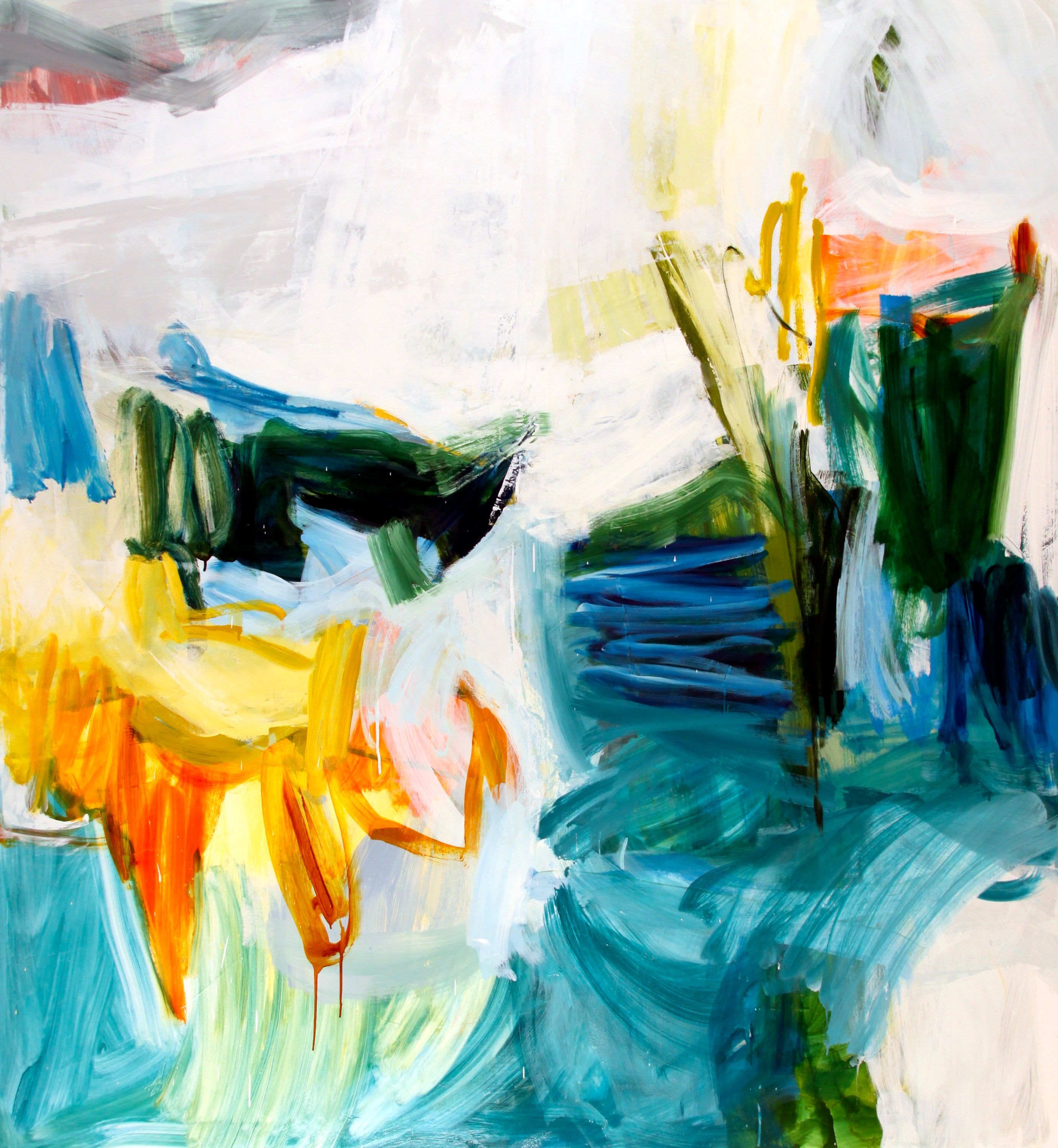 An abstract painting with expressive brushstrokes in white, blue, teal, green, yellow, orange, and black, filling the frame.